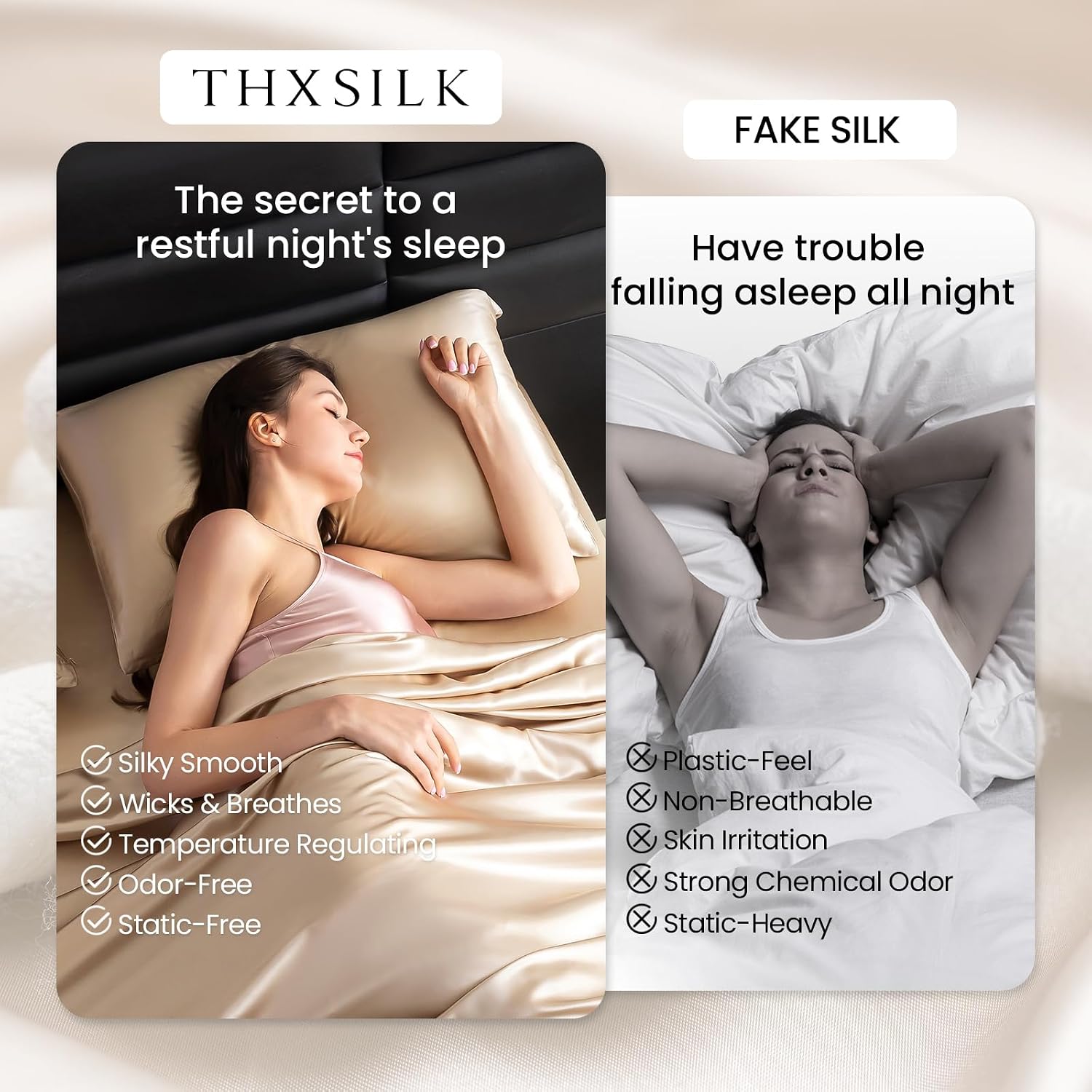 THXSILK Silk Sheet Set 4 Pcs, King Size Sheet Set, 22 Momme 7A+ Silk Sheets, Soft and Breathable Bed Sheets with 1 Flat Sheet, 1 Fitted Sheet, 2 Pillow Shams, Champagne