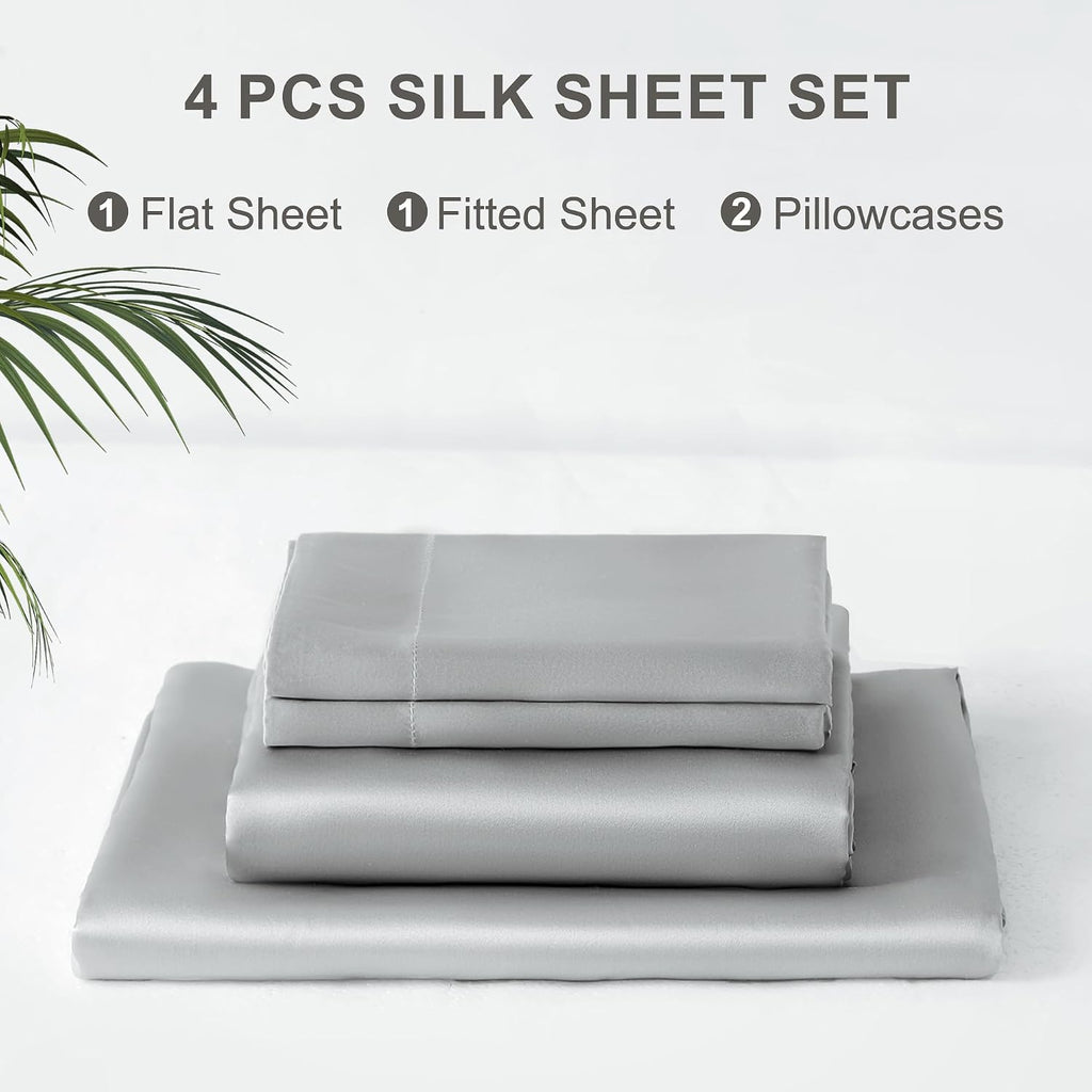 Silk Sheet Set - 100% Mulberry Silk, 19 Momme, Deep Pockets, Ultra Soft Luxury Bedding (Gray, King)