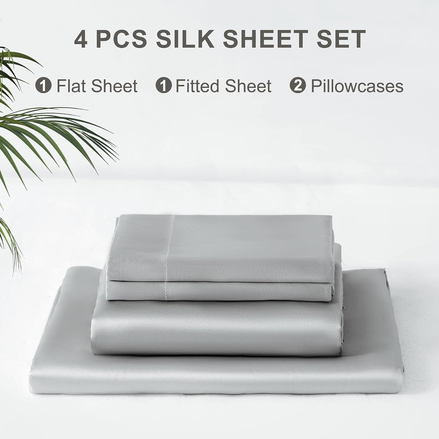 Silk Sheet Set - 100% Mulberry Silk, 19 Momme, Deep Pockets, Ultra Soft Luxury Bedding (Gray, King)