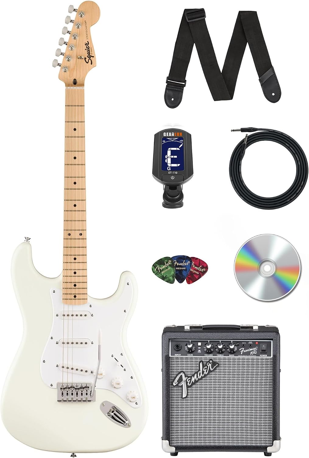 Fender Squier Sonic Stratocaster - Arctic White Bundle with Frontman 10G Amp, Instrument Cable, Tuner, Strap, Picks, and Austin Bazaar Instructional Video