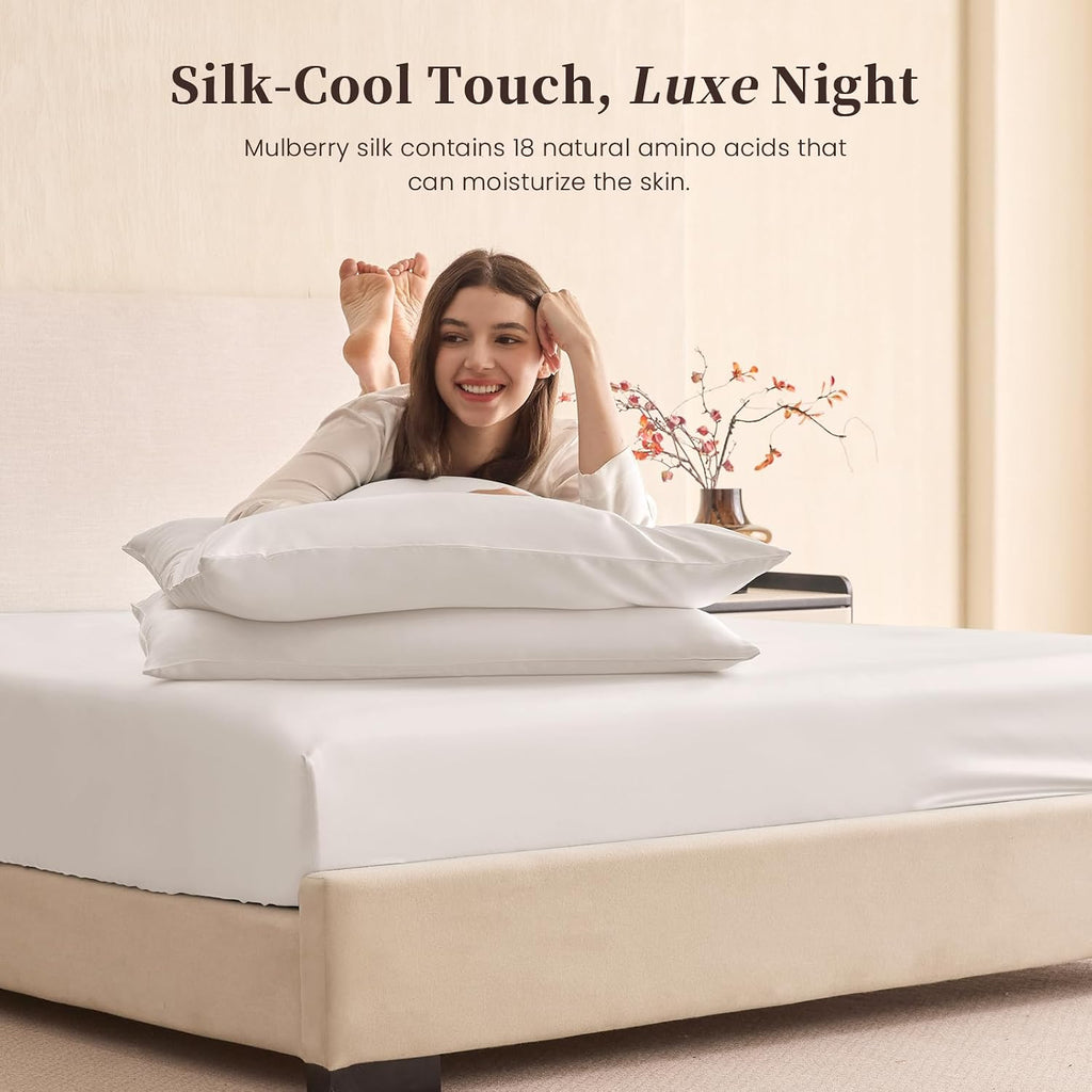 THXSILK 6A+ Top Grade 100% Pure Mulberry Silk Queen Fitted Sheet 3Pcs Set Bed Sheets Luxury Bedding for Hair and Skin Breathable Cooling Safe Material, 1 Fitted Sheet with 2 Pillowcases, Pearl White