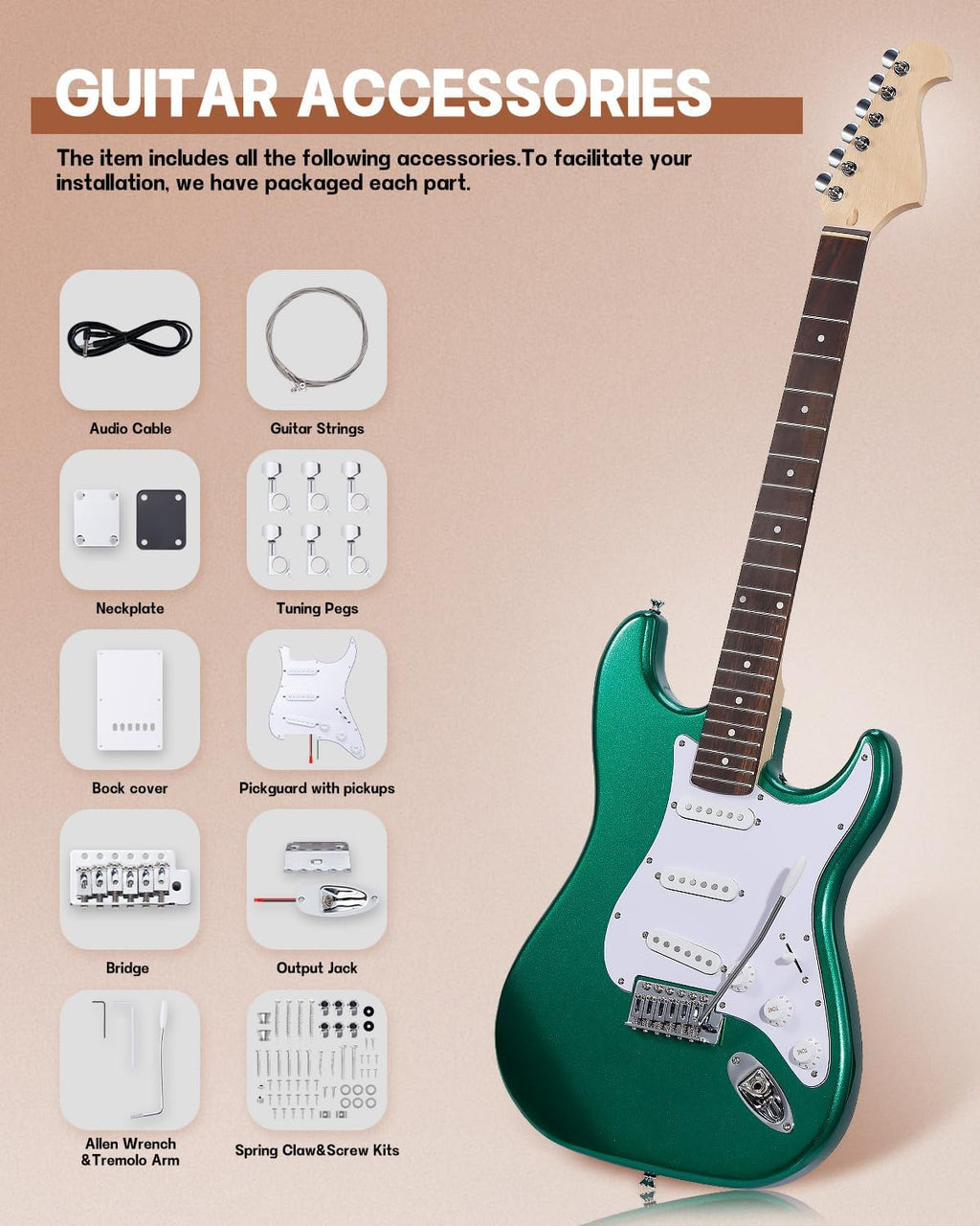 Leo Jaymz DIY ST Style Electric Guitar Kits,Spray-painted Mahogany Body,Laurel Wood Fingerboard and Maple Neck, including all Components (ST-Metallic Green)