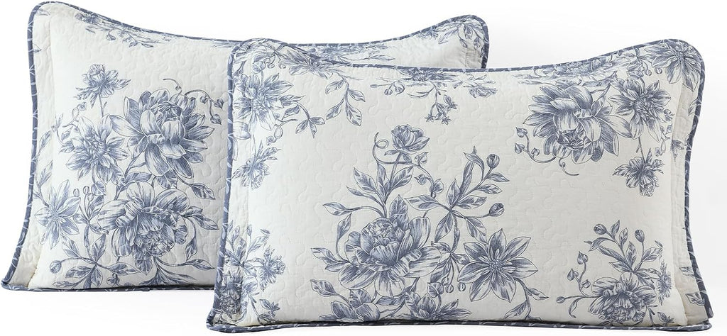 Floral Bedspread 128'x120' California King Bedspread, 100% Cotton XL Oversized King Quilt with 2 Pillowshams, Lightweight Garden Quilted Bedspreads Coverlet Set, Blue/Cream, 3 Pcs