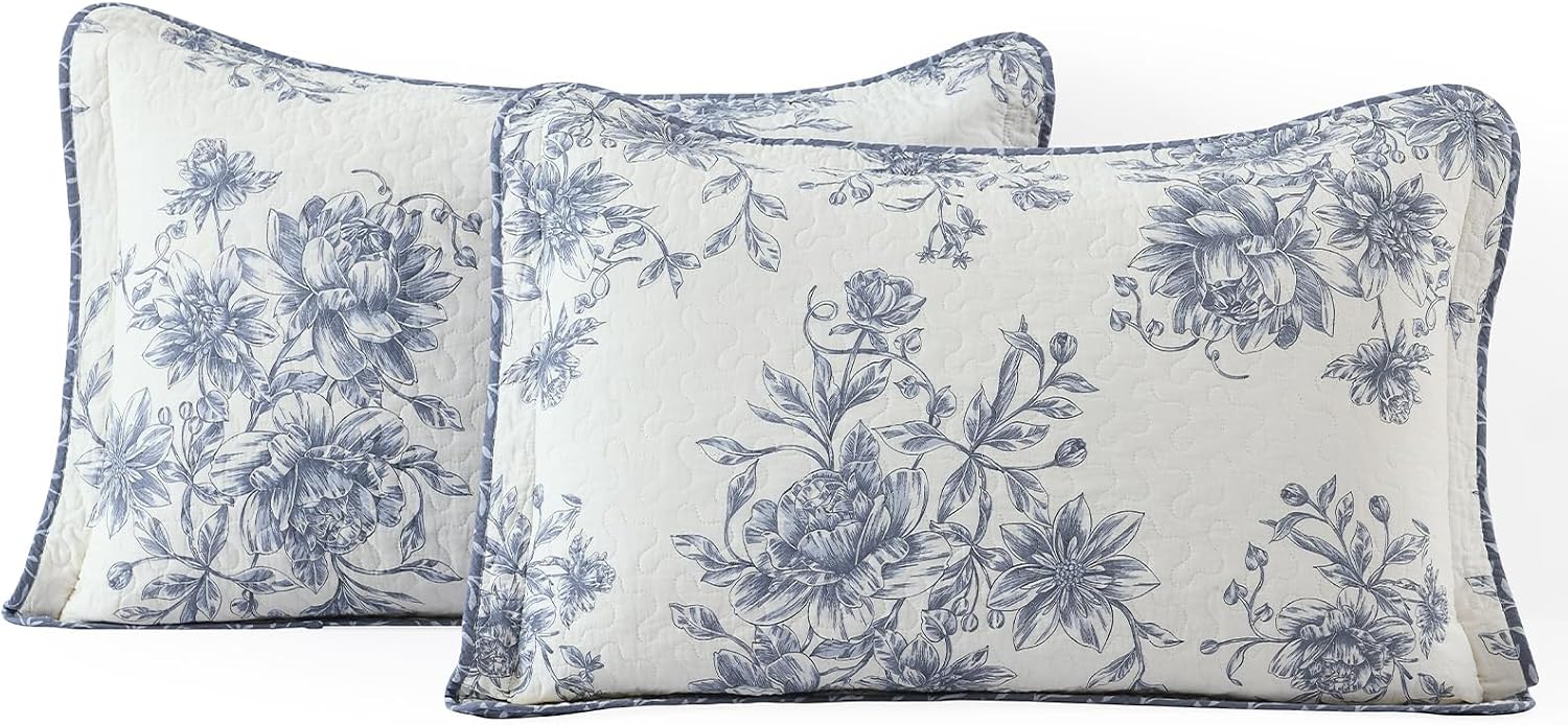 Floral Bedspread 128'x120' California King Bedspread, 100% Cotton XL Oversized King Quilt with 2 Pillowshams, Lightweight Garden Quilted Bedspreads Coverlet Set, Blue/Cream, 3 Pcs