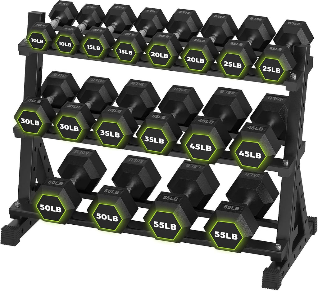 HANDBODE Hex Dumbbell Set with Rack, 300-840 lb Rubber Coated Fixed Weights Sets with Heavy Duty Storage Stand, Hexagon Shape, Multiple Weight Options Home Gym Equipment for Strength Training