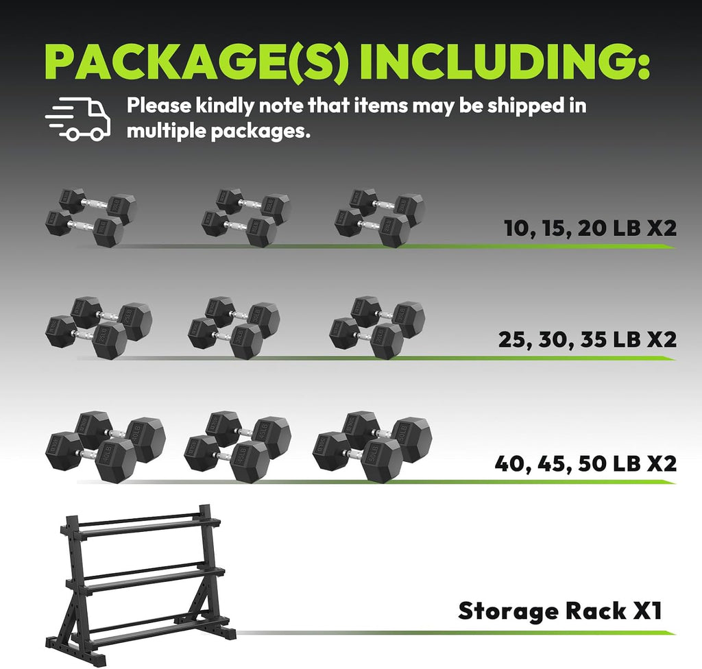 HANDBODE Hex Dumbbell Set with Rack, 300-840 lb Rubber Coated Fixed Weights Sets with Heavy Duty Storage Stand, Hexagon Shape, Multiple Weight Options Home Gym Equipment for Strength Training