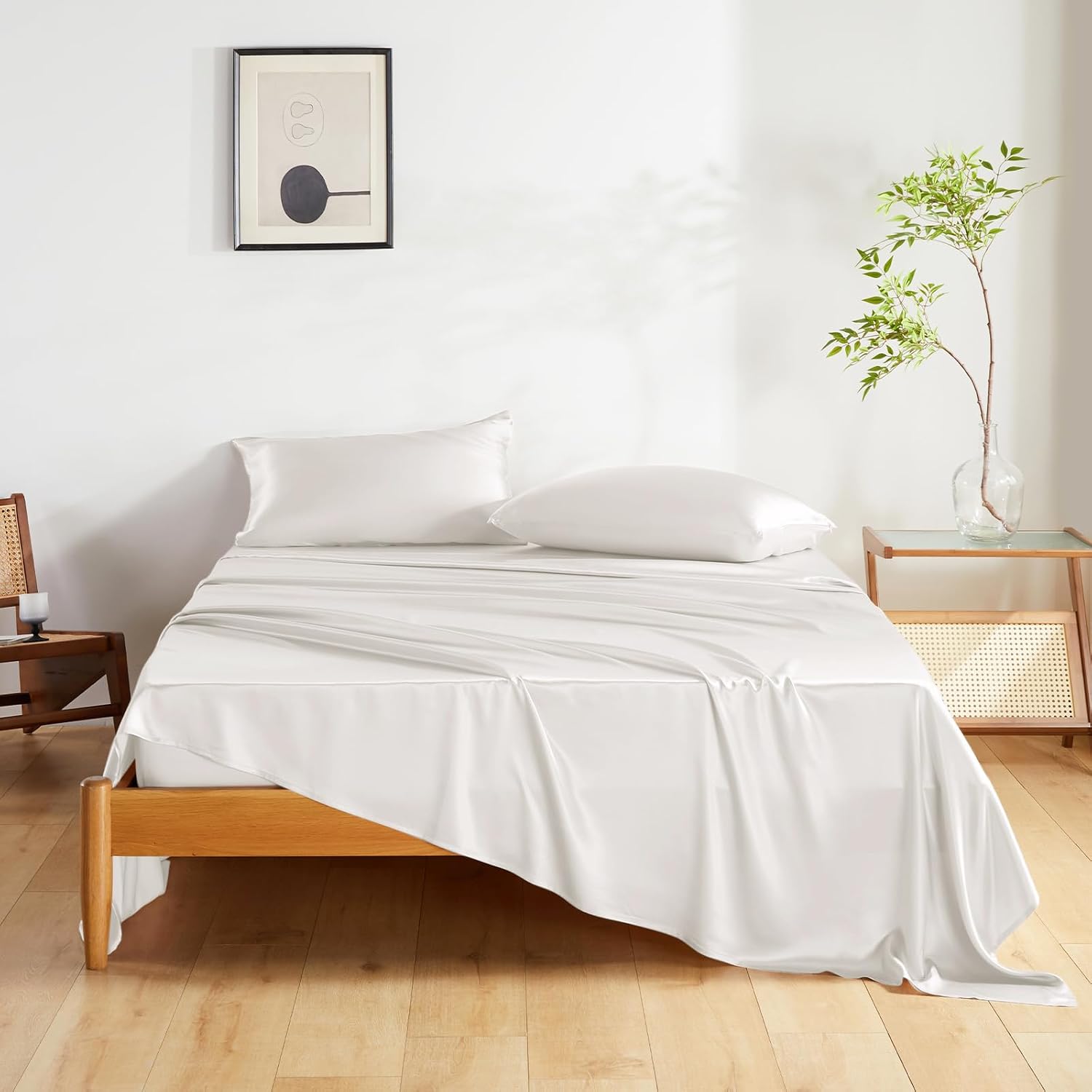 THXSILK Silk Sheet Set 3 Pcs, Twin XL Size Sheet Set, Soft Breathable Cooling Bed Sheets with 1 Flat Sheet, 1 Fitted Sheet, 1 Pillowcase with Zipper Closure, White