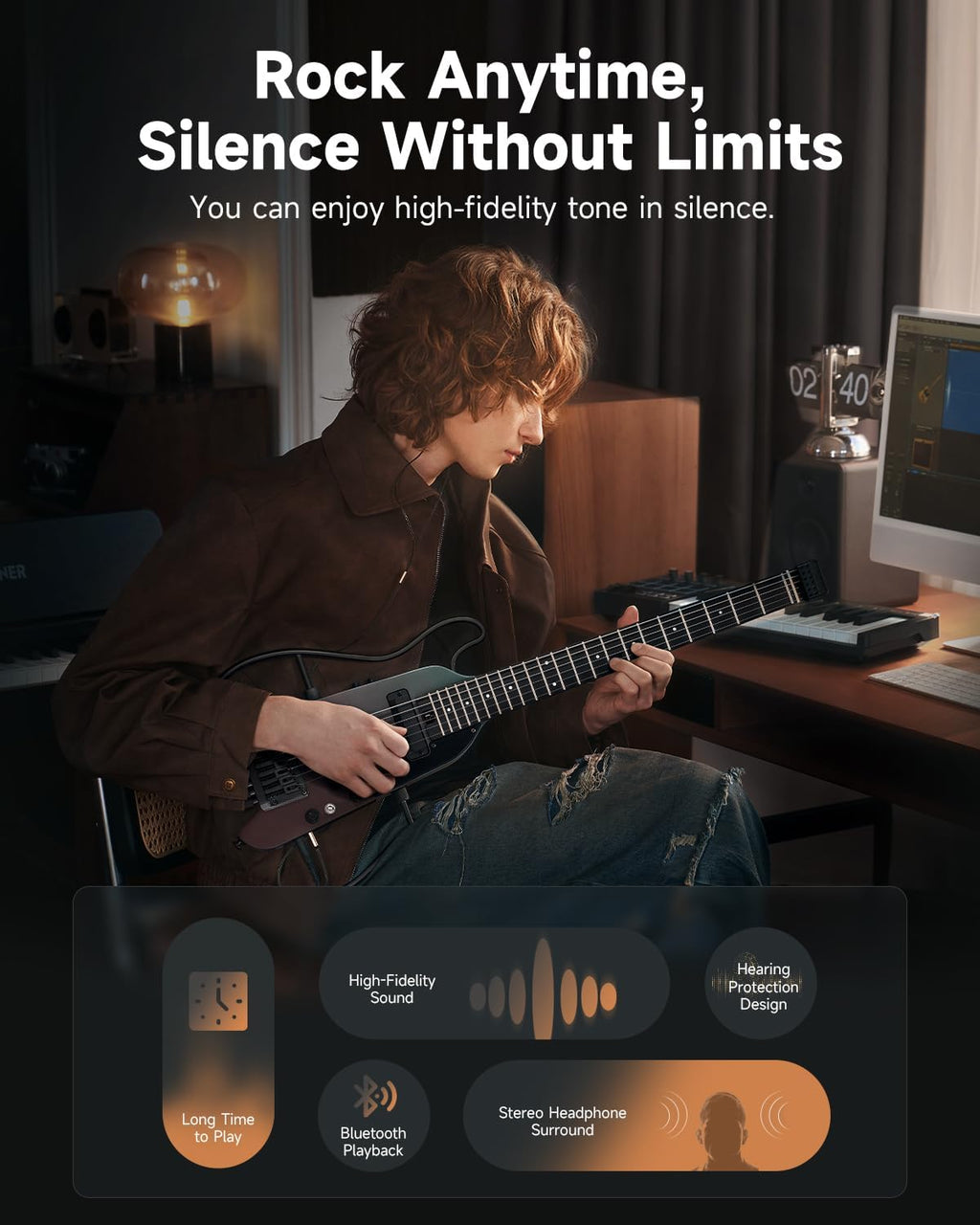 Donner HUSH X PRO Electric Guitar Kit - Smart Travel Guitar with Dozens of Preset Combinations, 7 Tone Sim Options, Midnight Glow