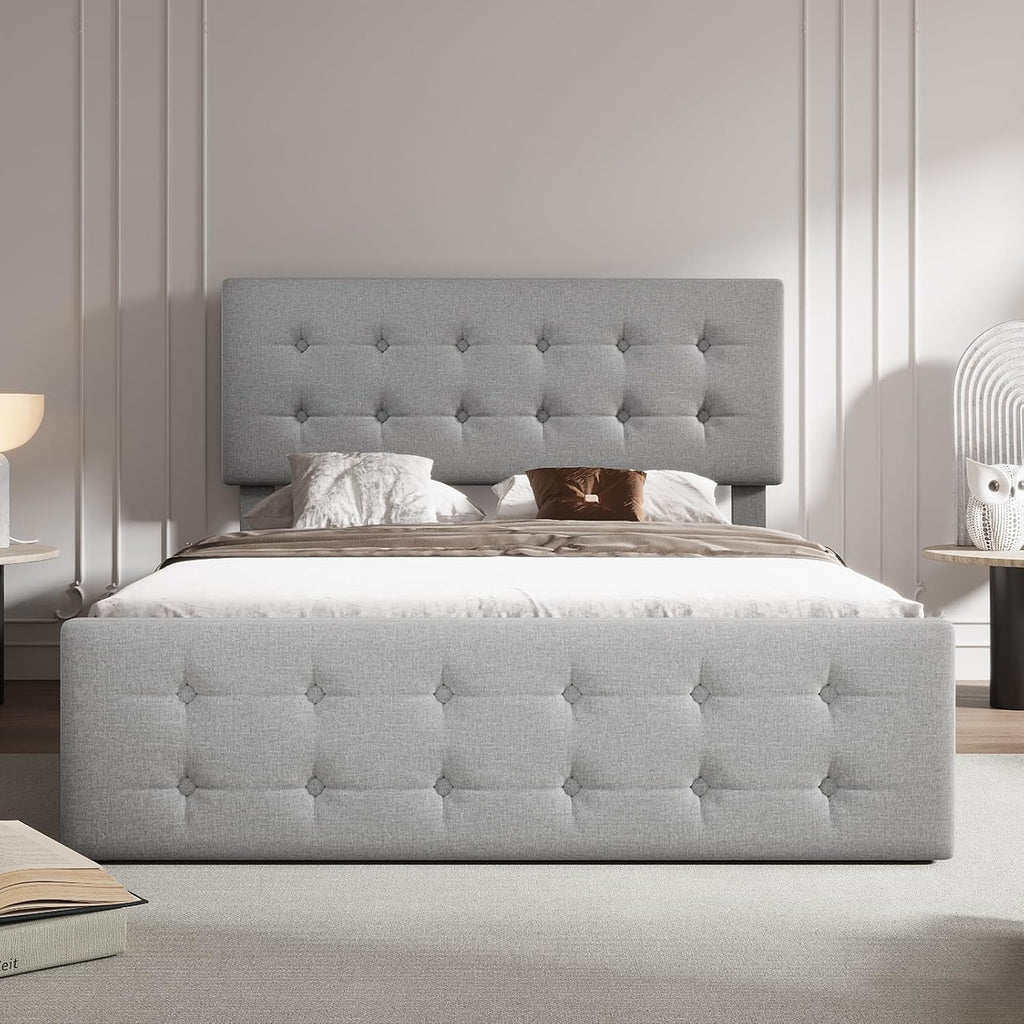 Full Size Platform Bed Frame with 4 Storage Drawers & Headboard, Faux Leather Upholstered, Button Tufted Design, Wooden Slats Support, Noise-Free Mattress Foundation, No Box Spring Needed, Light Grey