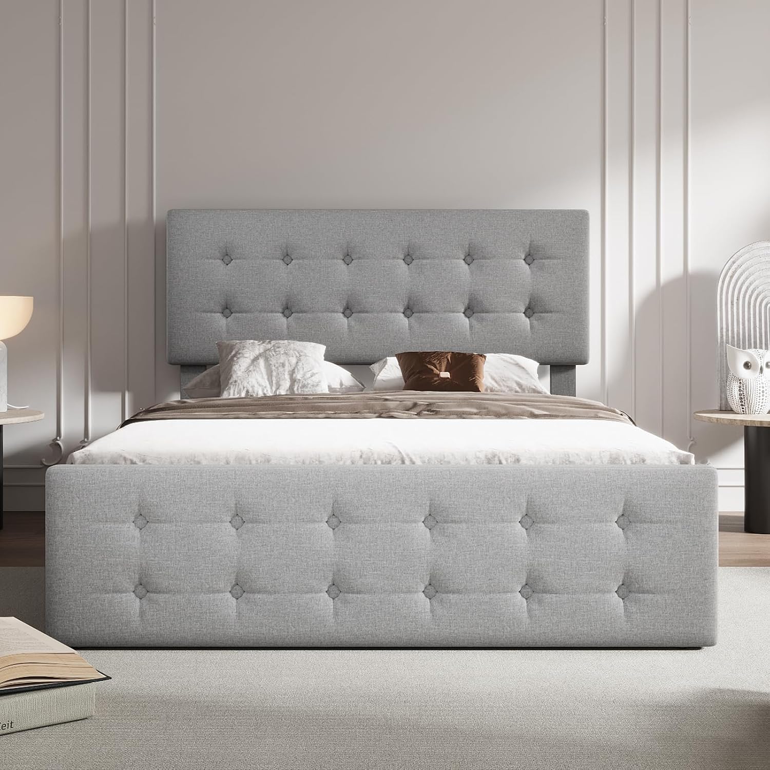 Full Size Platform Bed Frame with 4 Storage Drawers & Headboard, Faux Leather Upholstered, Button Tufted Design, Wooden Slats Support, Noise-Free Mattress Foundation, No Box Spring Needed, Light Grey