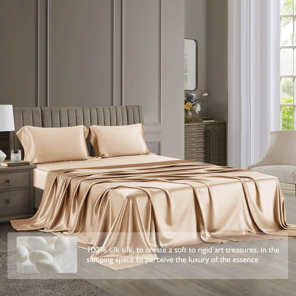 DISANGNI 22 Momme 100% Mulberry Silk Bedding Set - 4-Piece Luxury (2 Pillowcases, 1 Fitted Sheet, 1 Flat Sheet) - 6A Grade Natural Silk (Champagne, Queen)