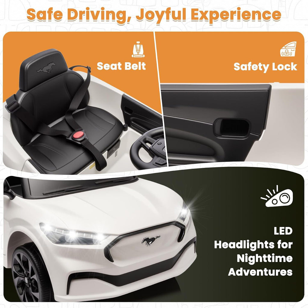 Bobike Electric Ride On Car for Kids, 12V Electric Toddler Car with Remote Control, Ride on Toys for Kids with LED Lights, Music Player, Lockable Doors (White)