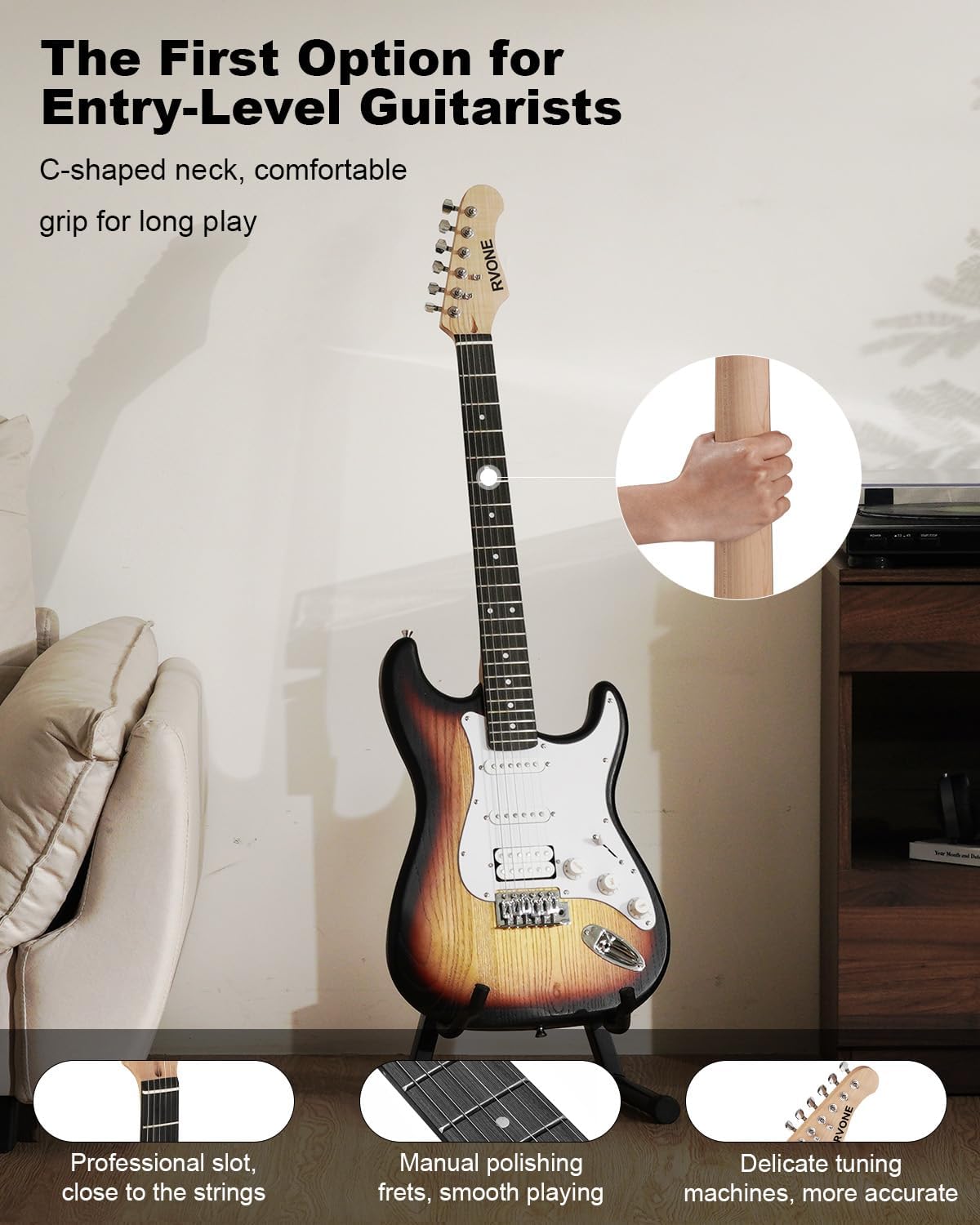 RVONE RST-150 39'Beginner Electric Guitar Kit with Amplifier, Classic HSS Pickup, Electric Guitar with Gig Bag, Capo, Strap, Extra Strings, Digital Tuner, 3 Picks, Cleaning Cloths (Sunburst)