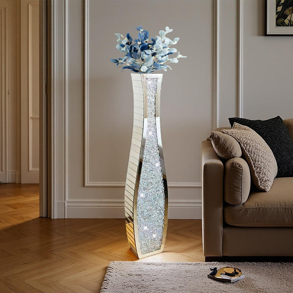36' Extra Tall Double Sided Crushed Diamond Vases, Mirrored Silver Vase,Floor Vases Decorative Tall, Large Decorative Vase for Home,Office,Hotel Decor(7.72' L x4.33 W x 36' H)