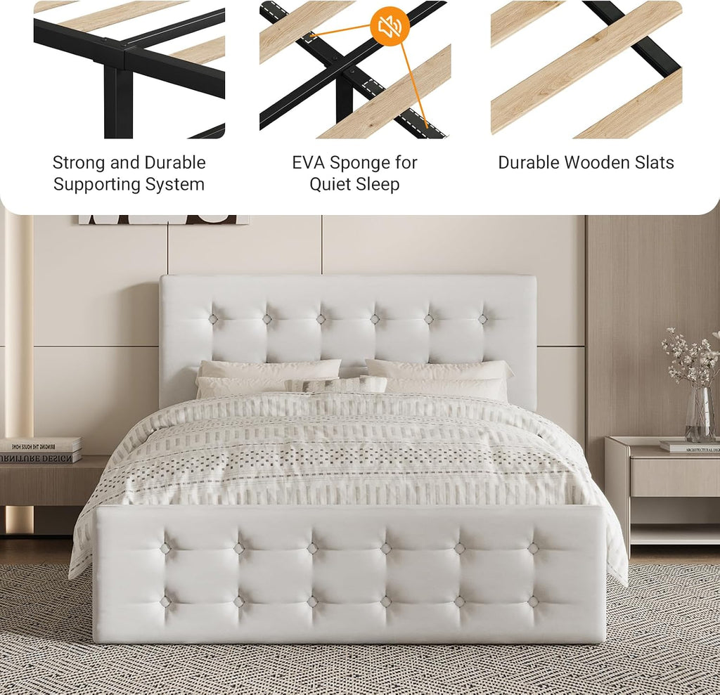 Queen Size Platform Bed Frame with 4 Storage Drawers & Headboard, Faux Leather Upholstered, Button Tufted Design, Wooden Slats Support, Noise-Free Mattress Foundation, No Box Spring Needed, Beige