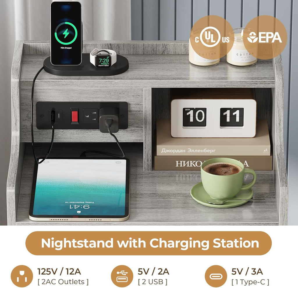 ADORNEVE Night Stand Set 2,Grey Nightstand with Charging Station & Hutch,Night Stands for Bedrooms Set of 2,Bedside Table with 4 Drawers
