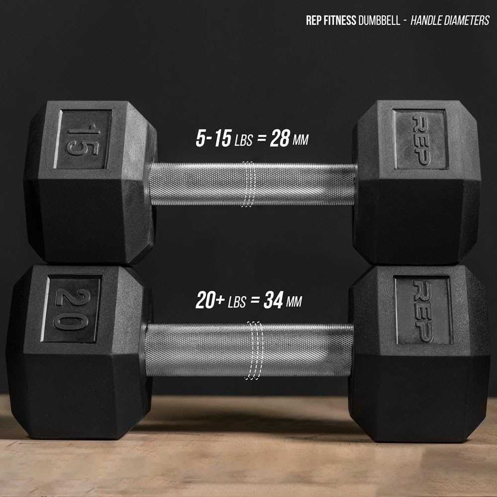 REP FITNESS Dumbbell Set with Bench – 5-50, 5-75 or 5-100 Rubber Hex Dumbbell Set with Either Flat or Adjustable Bench