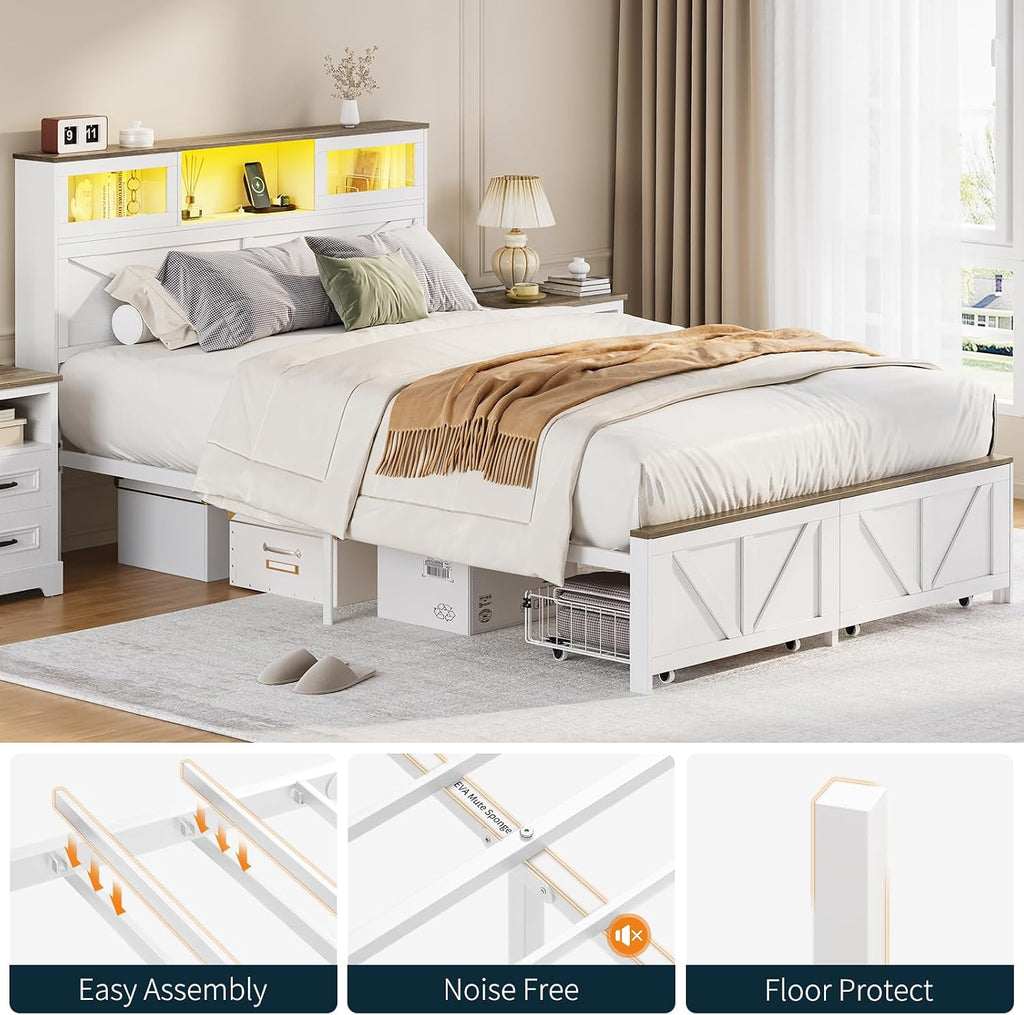Yoobure Full Size Bed Frame with Headboard, Full Bed Frame with Charging Station, LED Beds with 2 Storage Drawers, Wood Farmhouse Bedframe, Noise-Free and No Box Spring Needed, White