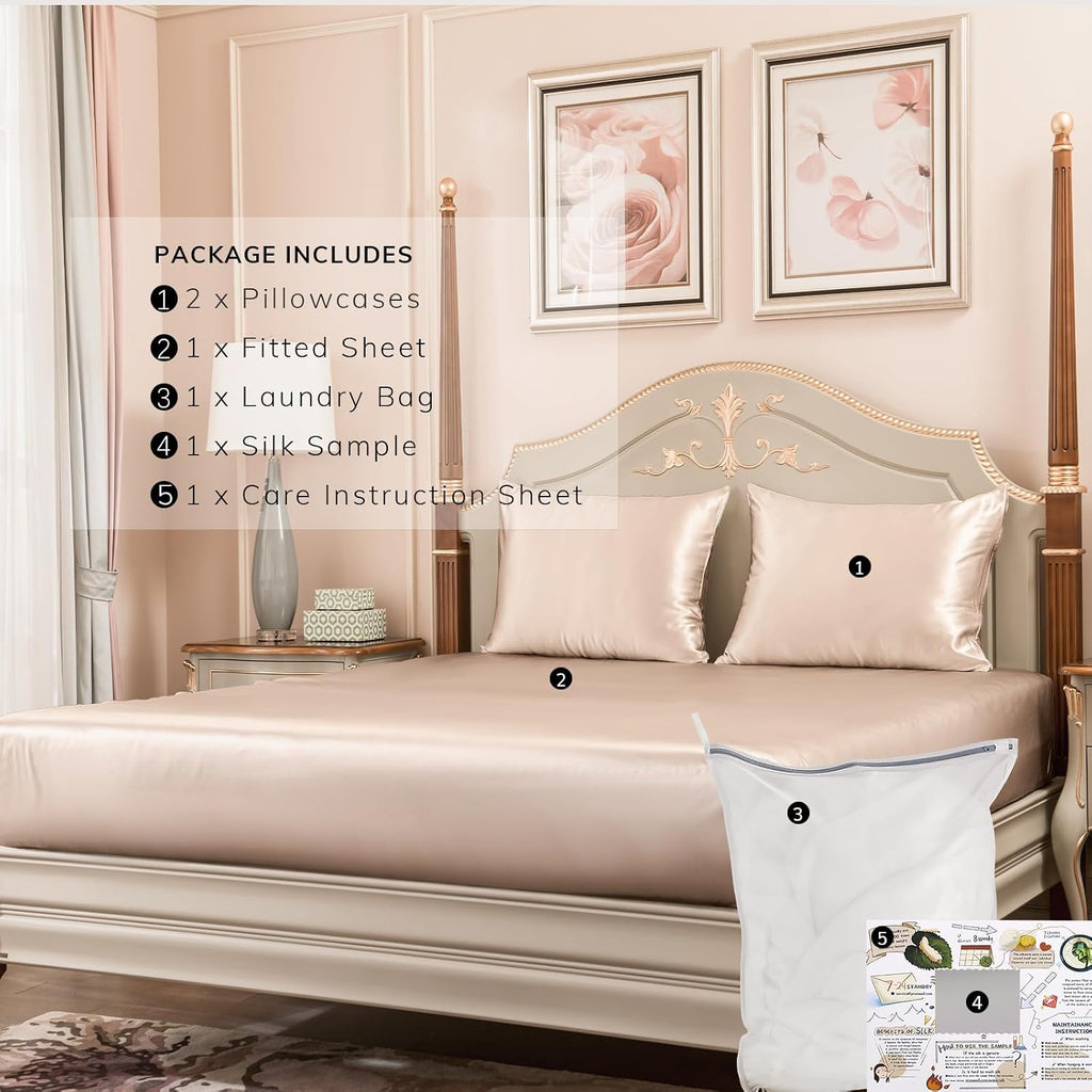 PROMEED Natural Silk 3pcs Queen Sheet Set 23 Momme, 100% Real Mulberry Silk Deep Pocket Fitted Sheet and Pillowcase Set for Hair and Skin (Champagne, Queen)