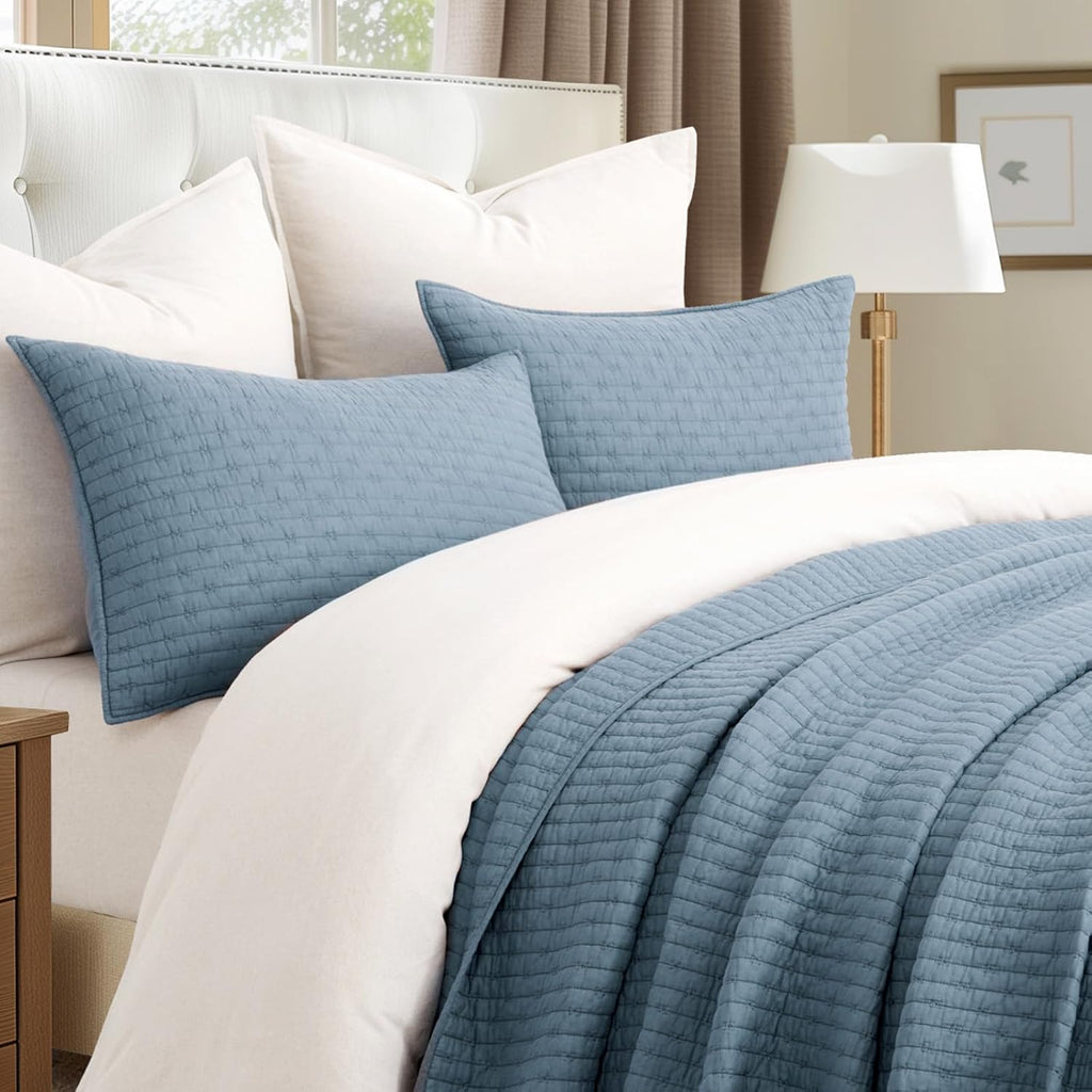 EVERGRACE x Kinsey Walsh Cross Stitch Pre-Washed Cotton Quilt Bedding Set King Size, Oversized 3 Pieces Lightweight Bedspread Coverlet for All Season, with 2 Matching Shams, Dusty Blue, 118'x106' | Cross Stitch