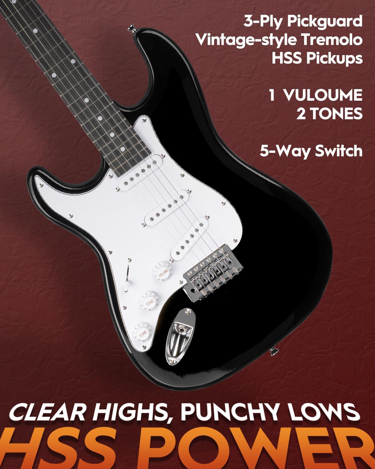 STRICH Electric Guitar Left Hand Beginner Kit, Solid Body 39' Electric Guitar SSS Pick Up for Starter, with 5W x 2 Amp, Bag, Tuner, Capo, Strap, String, Cable, Picks, SST-S10L Black