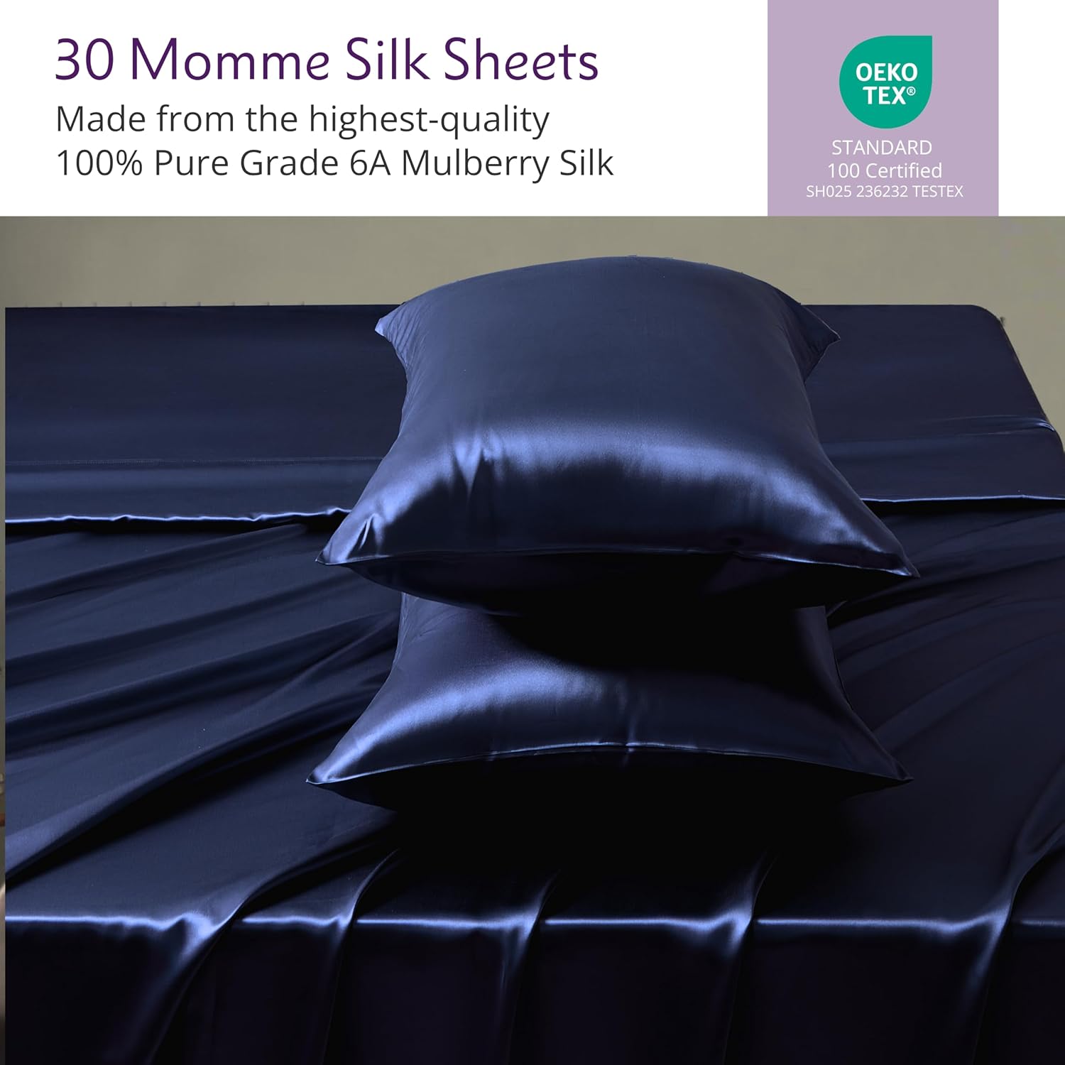 Mulberry Park 100% Silk Sheet Set - 30 Momme, Grade 6A Charmeuse Mulberry Silk - 4pc Set, King Size with 16' Deep Pocket Fitted Sheet, Navy