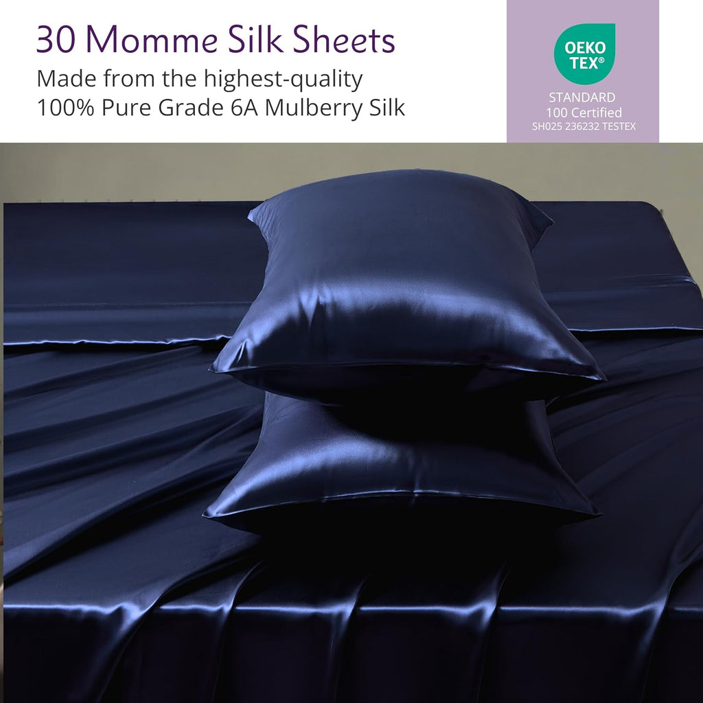 Mulberry Park 100% Silk Sheet Set - 30 Momme, Grade 6A Charmeuse Mulberry Silk - 4pc Set, Queen Size with 16' Deep Pocket Fitted Sheet, Navy