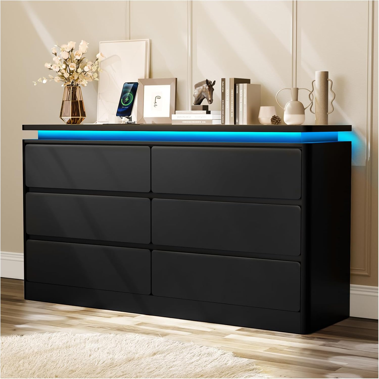 Loomie Upgraded 6 Drawer Black Dresser for Bedroom, 47.2' Long Chest of Drawers with Charging Station & LED Lights, Wooden Storage Cabinet Dresser for Closet,Modern TV Stand with Deep Drawers