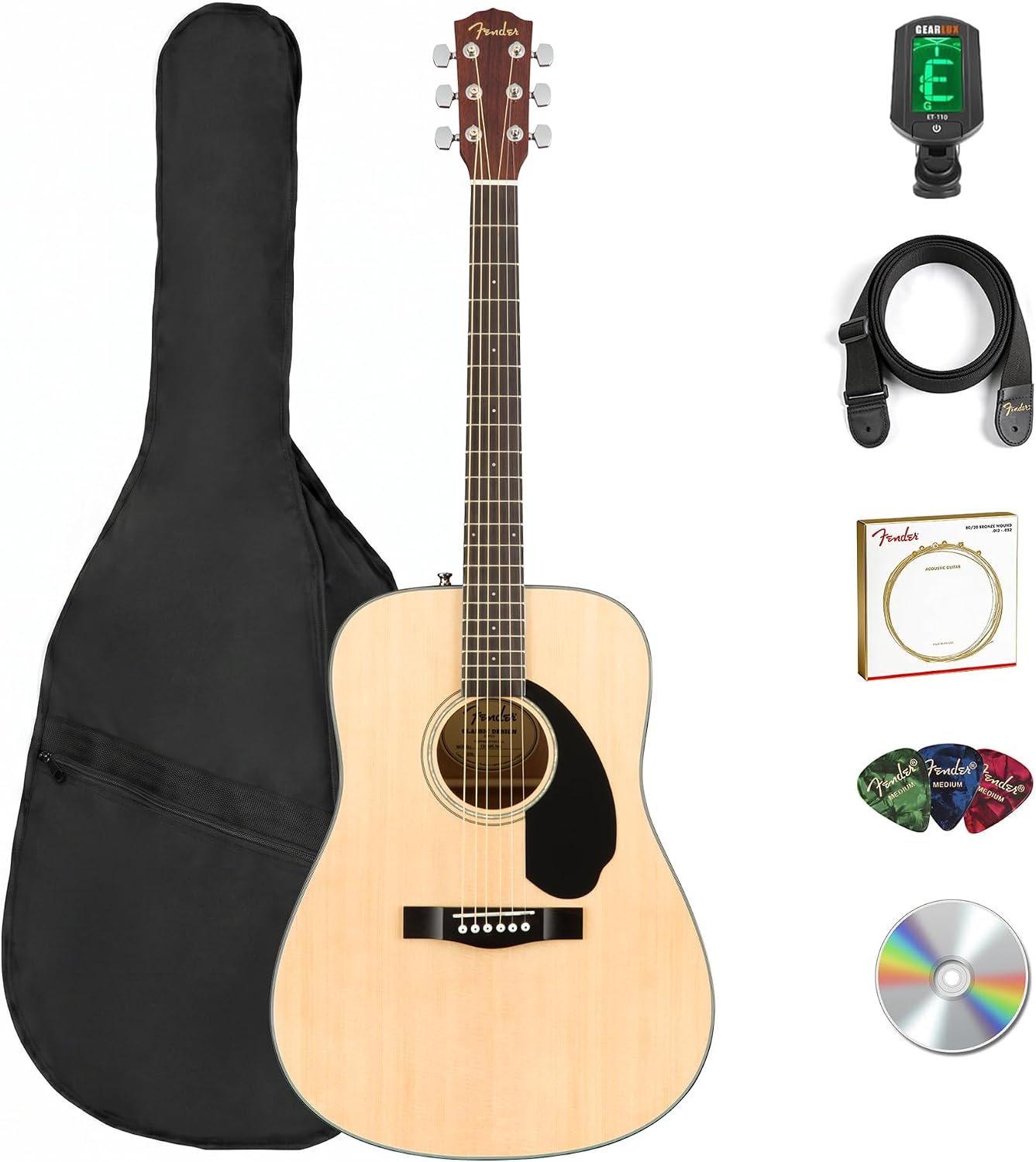Fender FA Series Dreadnought Acoustic Guitar - Natural Bundle with Gig Bag, Tuner, Strap, Strings, Picks, and Austin Bazaar Instructional DVD