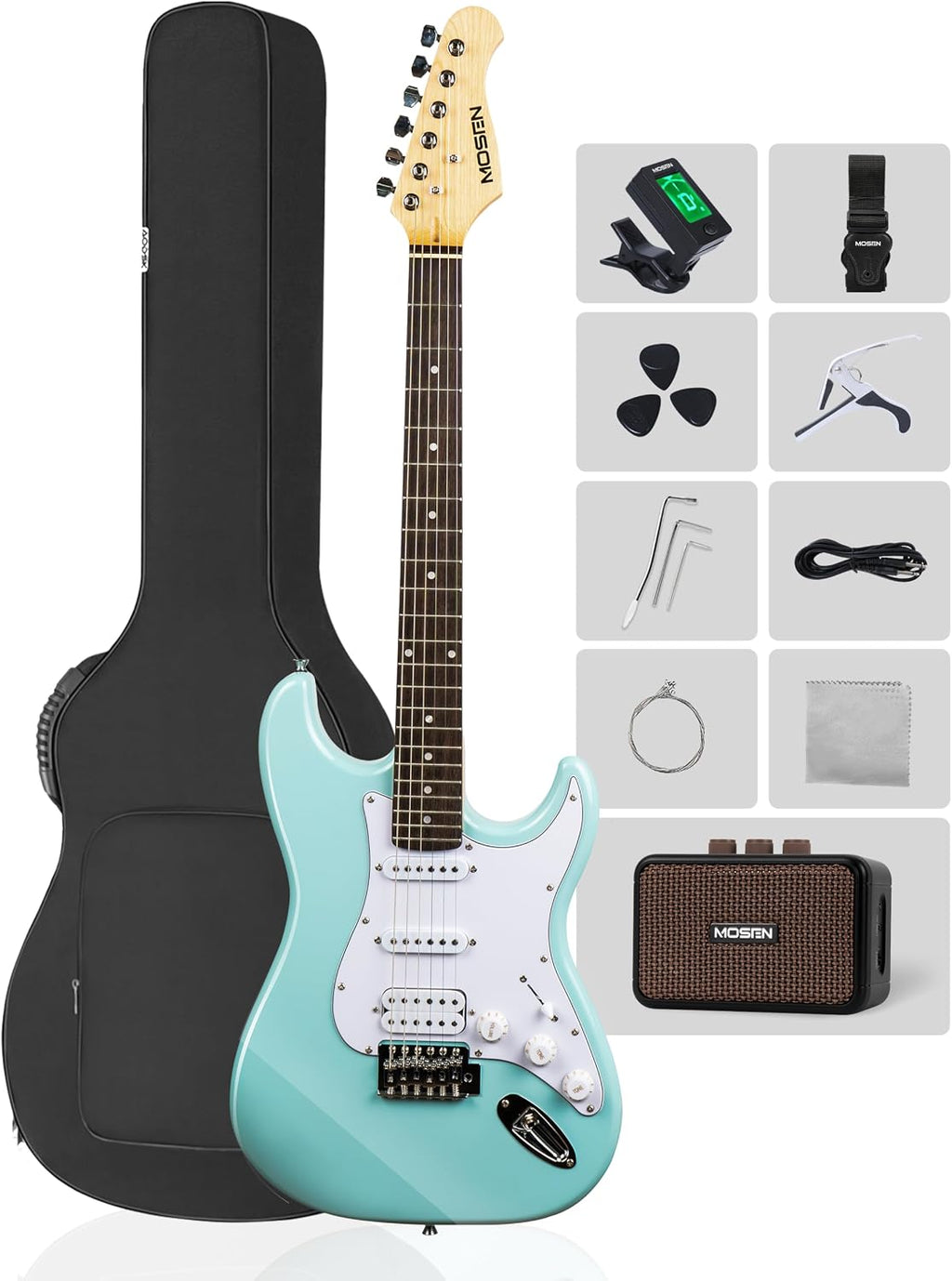 MOSEN Beginner Electric Guitar 39 inch Solid Body, HSS Pickup with Coil Split, Full Size Guitar Starter Set w/Amp, Gig Bag, Tuner, Capo, Cable, All Accessories,MS-SS60-Ice Blue