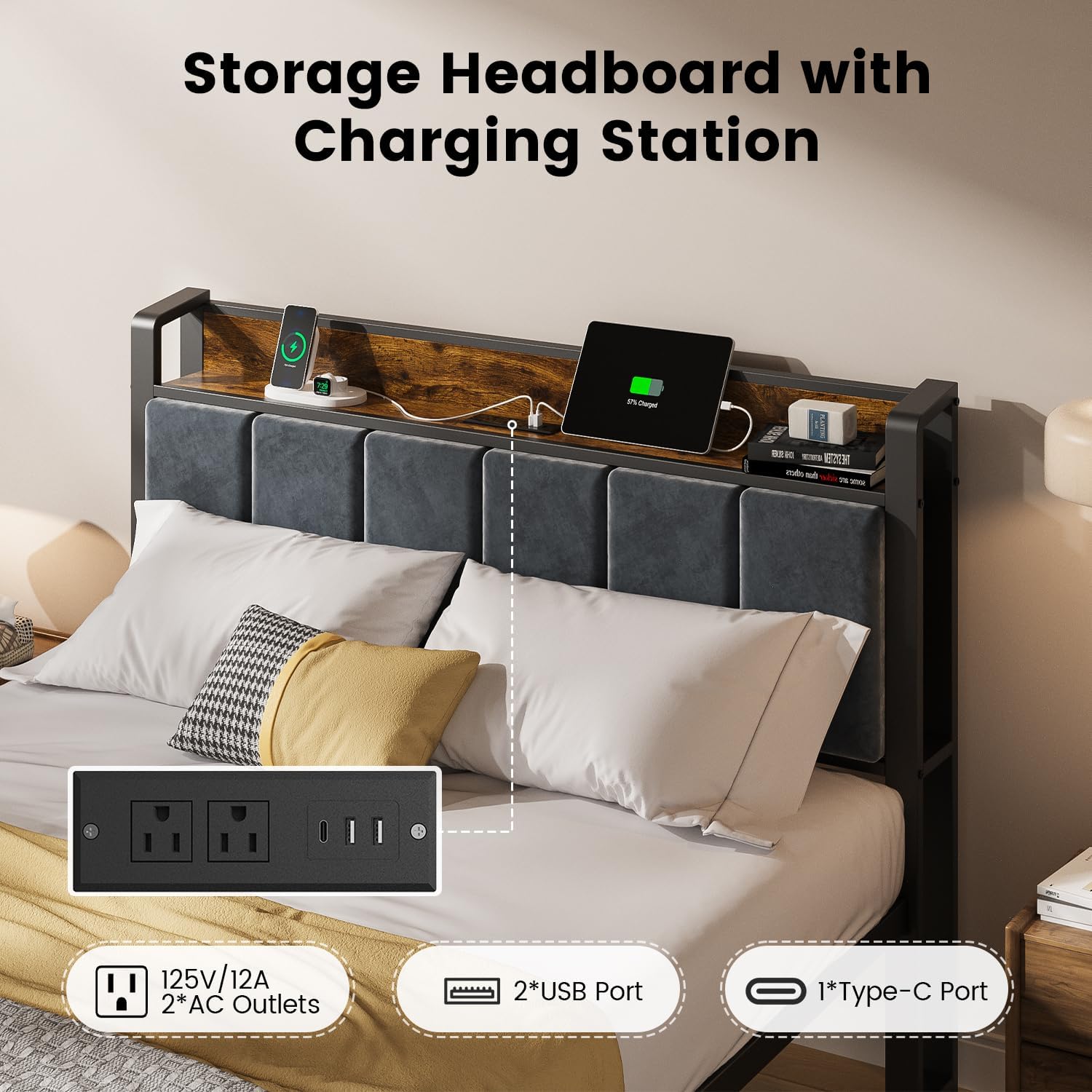 ALBERTO Full Size LED Bed Frame with Built-in Charging Station, Metal Platform with Slats, Soft Grey Upholstered Headboard, No Box Spring Required