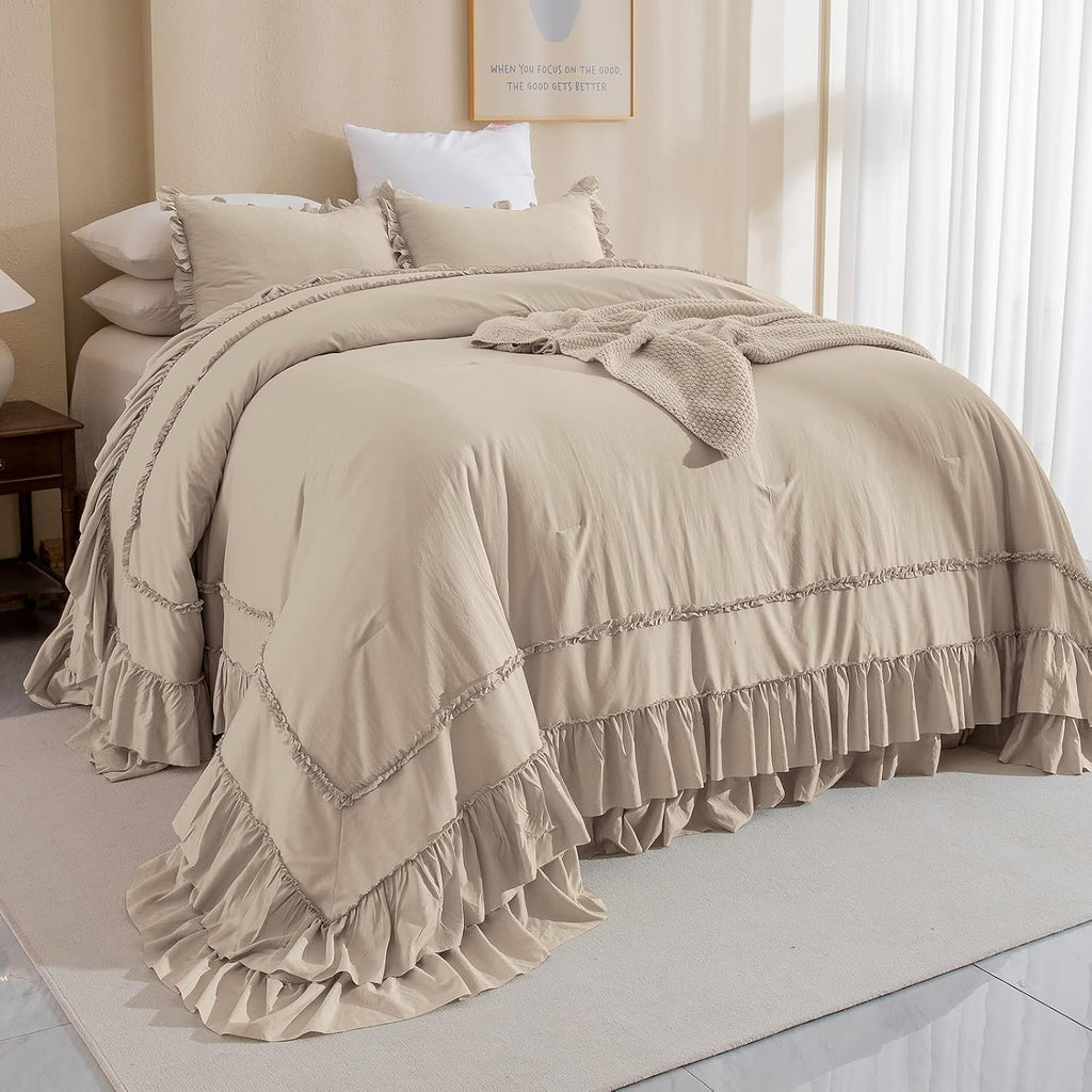 Masaca Ruffled Oversized King Comforter 120x98,Farmhouse Shabby Boho Chic Ruffle California King Comforter Set 3 Pieces French Country Vintage Rustic Bedding for All Season