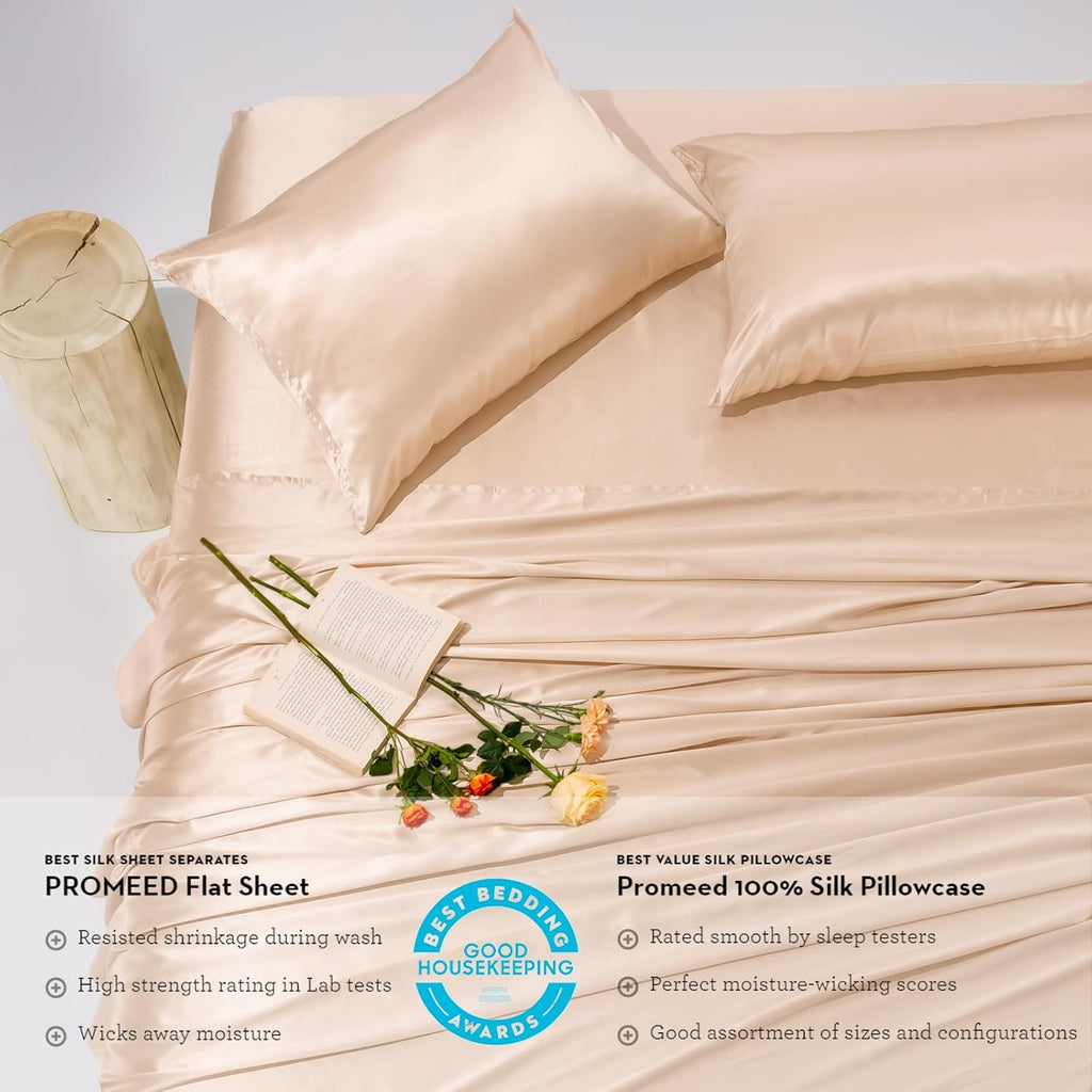 PROMEED - 100% Pure Mulberry Silk Sheets 4pcs Set - Luxury Silk Bed Sheet Set Queen Size - Cooling Bed Set with Fitted Sheet, Flat Sheet and Pillowcase (Champagne, Queen)