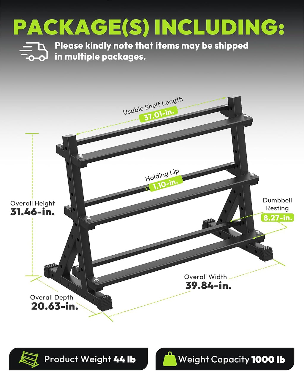 HANDBODE 3-Tier Dumbbell Rack Stand, 1000LB Capacity Storage Rack, Weight Rack for Dumbbells, Kettlebell, 390–700 lb Rubber Coated Fixed Weight Sets, Home Gym Strength Training Equipment