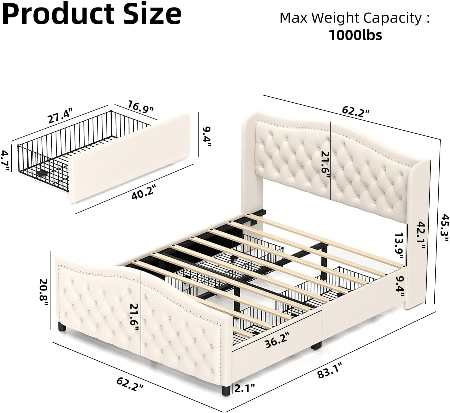 CANMOV Queen Size Upholstered Bed Frame with 4 Storage Drawers,Comfortable Fabric Platform Bed Frame with Wingback Headboard & Footboard,Wooden Slats Support,Button Tufted,No Box Spring Needed,Cream