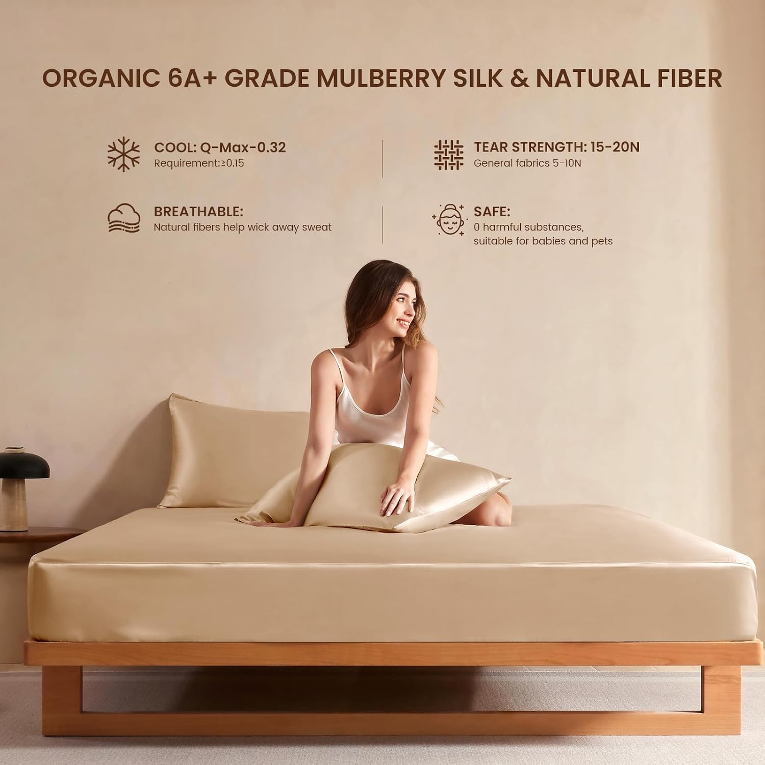 THXSILK Luxury Mulberry Silk Fitted Sheet Set 3 Pcs, King Silk Bed Sheet Set with 16' Deep Pockets, Soft & Cooling Sheets, 1 Fitted Sheet, 2 Pillowcases with Zipper Closure - Champagne