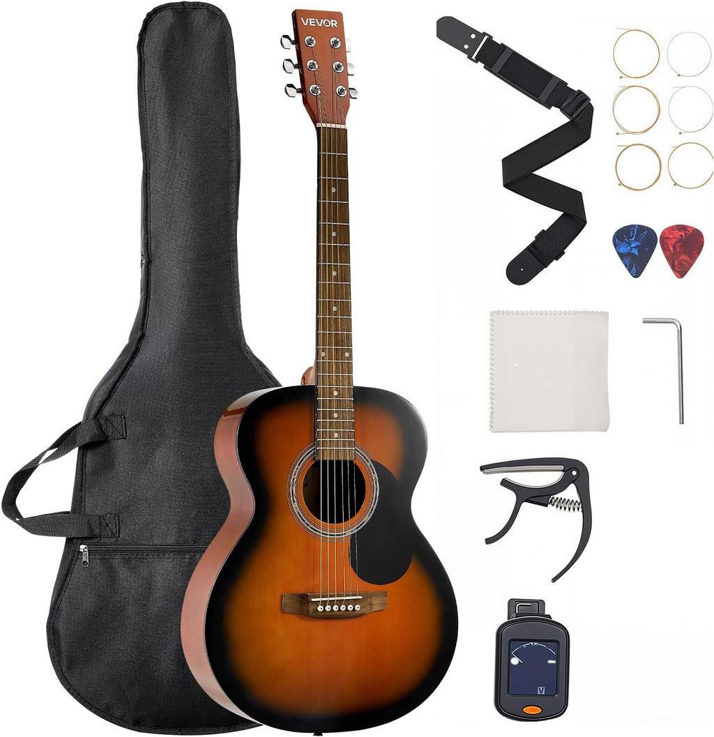 VEVOR Dreadnought Acoustic Guitar, 40 in, 6-String Sunburst Solid Top Guitar, Beginner Bundle with Gig Bag, Tuner, Strap, Steel Strings, Picks, Capo, Rosewood Fingerboard, for Adults, Skilled Players