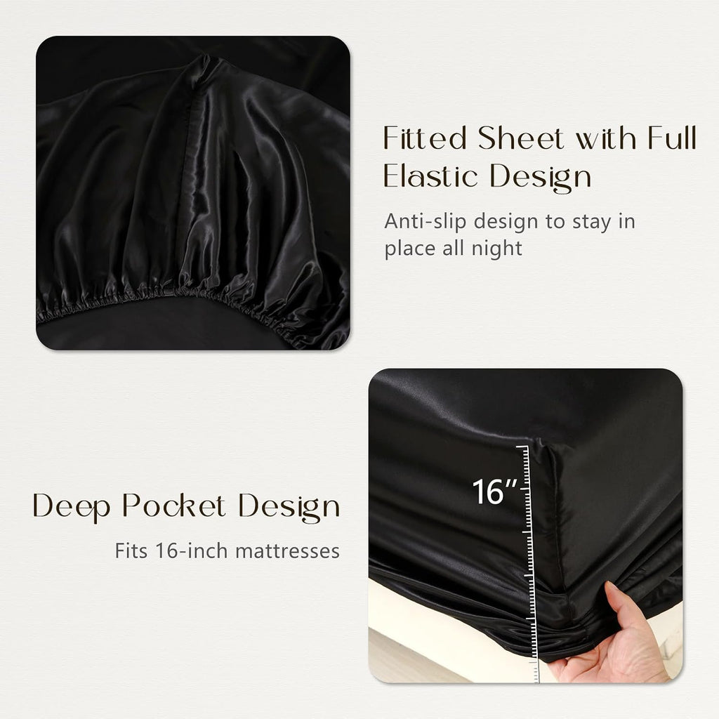 ZIMASILK 100% 19 Momme Pure Mulberry Silk Bedding 4-Pieces Set for Sleeping, Soft, Breathable & Hypoallergenic,for Hair & Skin Care (King Black)