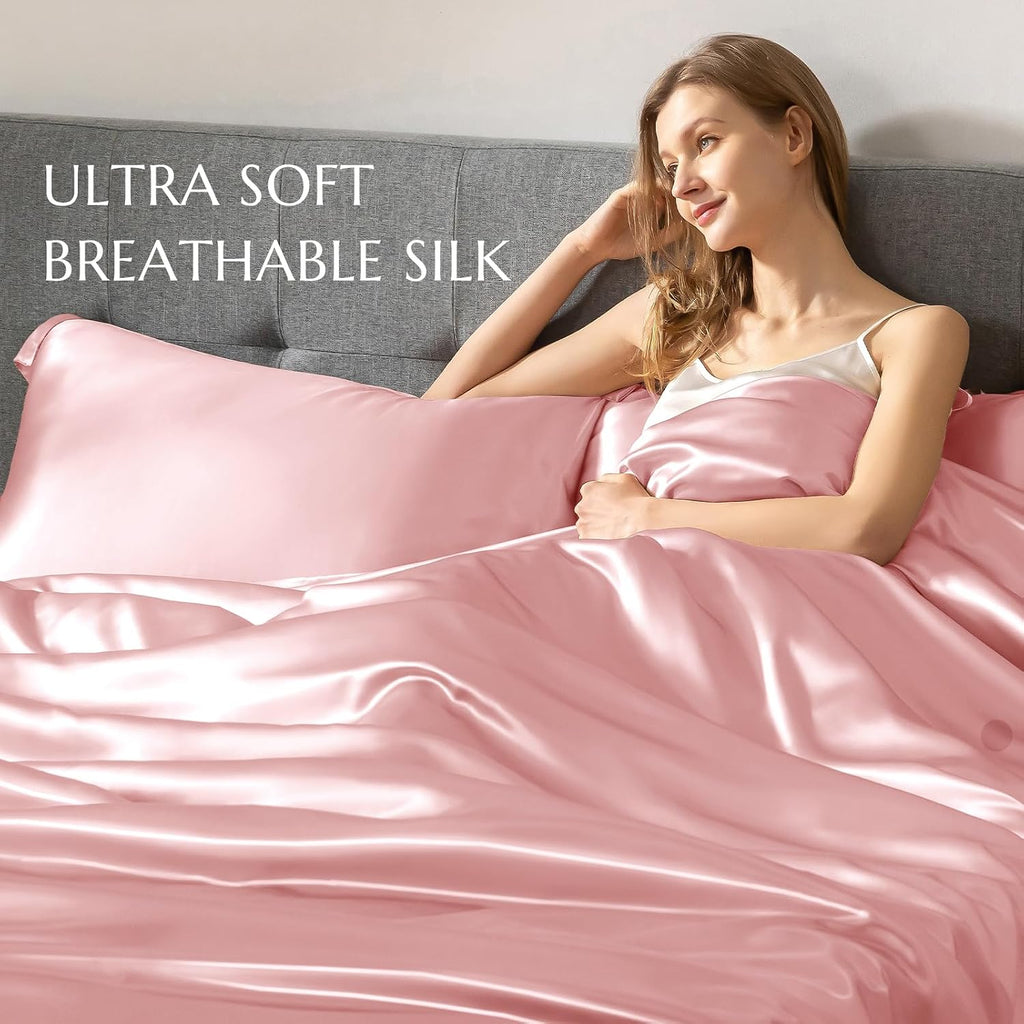 THXSILK 100% Silk Sheet Set, 7A+ Silk Sheet Set Soft Breathable, Luxury Bedding (1 Duvet Cover, 1 Fitted Sheet, 2 Pillow Shams), King, Charming Pink