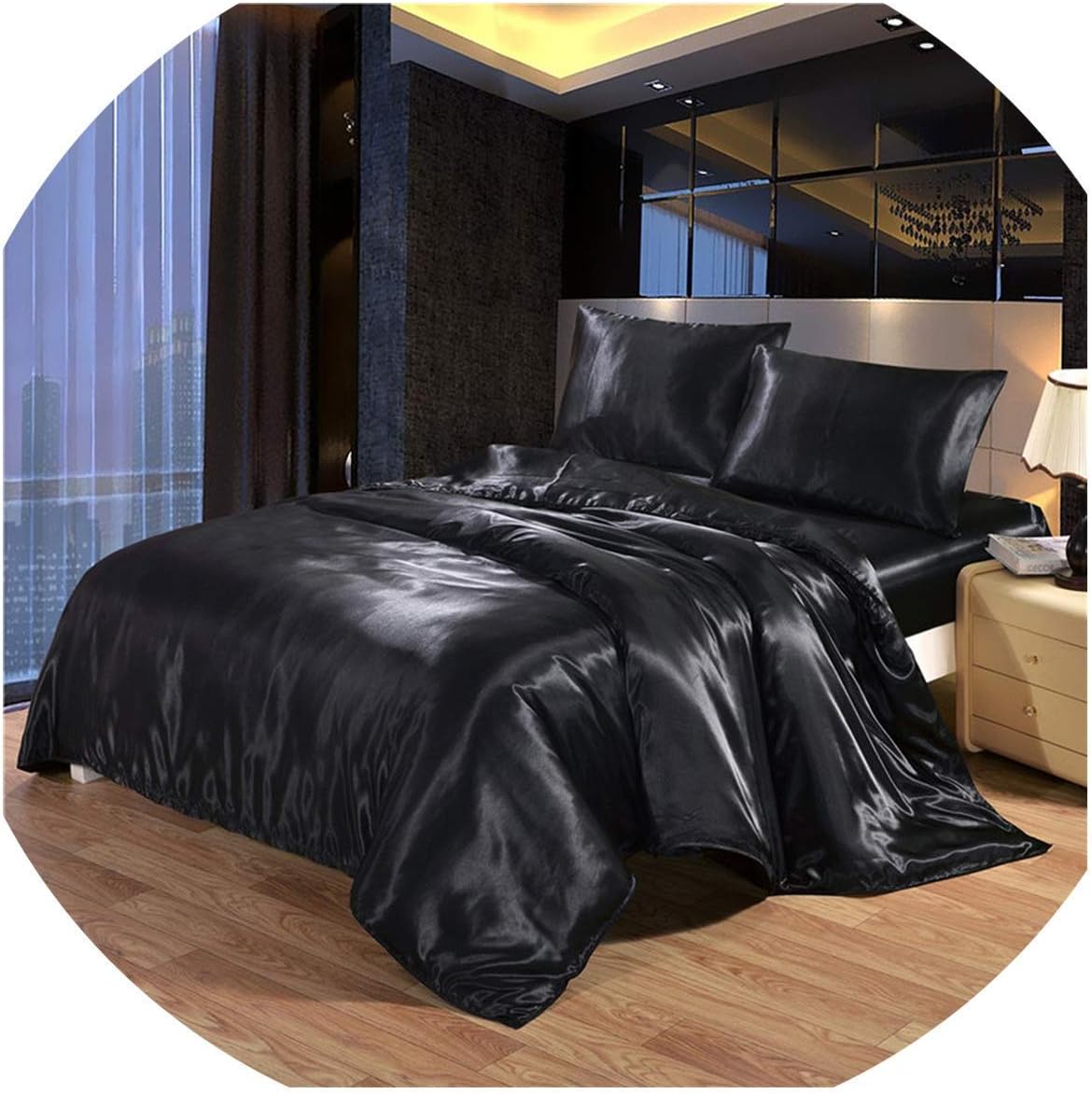 100% Pure Silk Sateen Sheet Set |7 Pcs|Fitted Sheet Fits Up to 15' Deep Pocket Mattress|Flat Sheet Fitted Sheet Duvet Pillowcase Set|Wrinkle Free Fade Resistant (California King, Black)