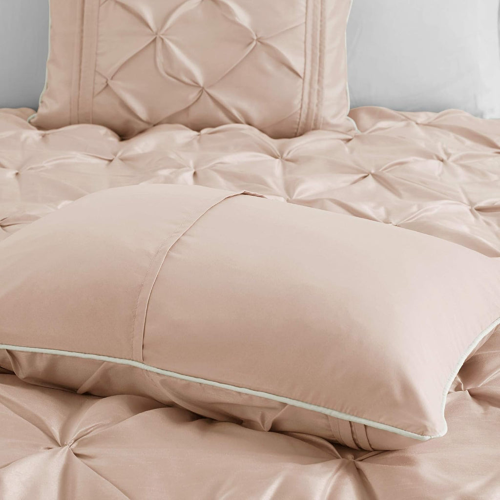 Madison Park Essentials Room in a Bag Faux Silk Comforter Set-Luxe Diamond Tufting All Season Bedding, Matching Curtains, Decorative Pillows, Cal King(104'x92'), Blush 24 Piece (MPE10-811)