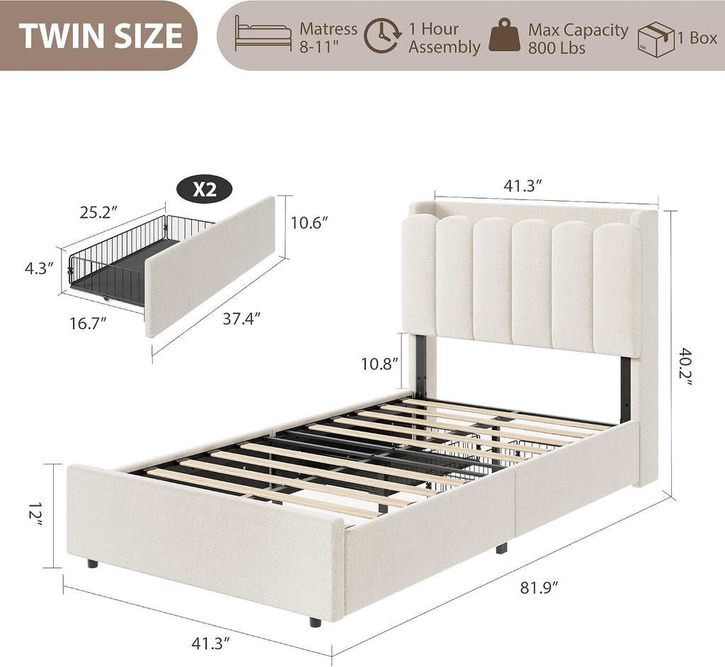 Garvee LED Twin Size Bed Frame with Storage Headboard, Kids Bed Frame with 2 Drawers, Boucle Upholstered Platform Bed for Girls, Chic Wavy Headboard with Bookcase, No Box Spring Needed, White
