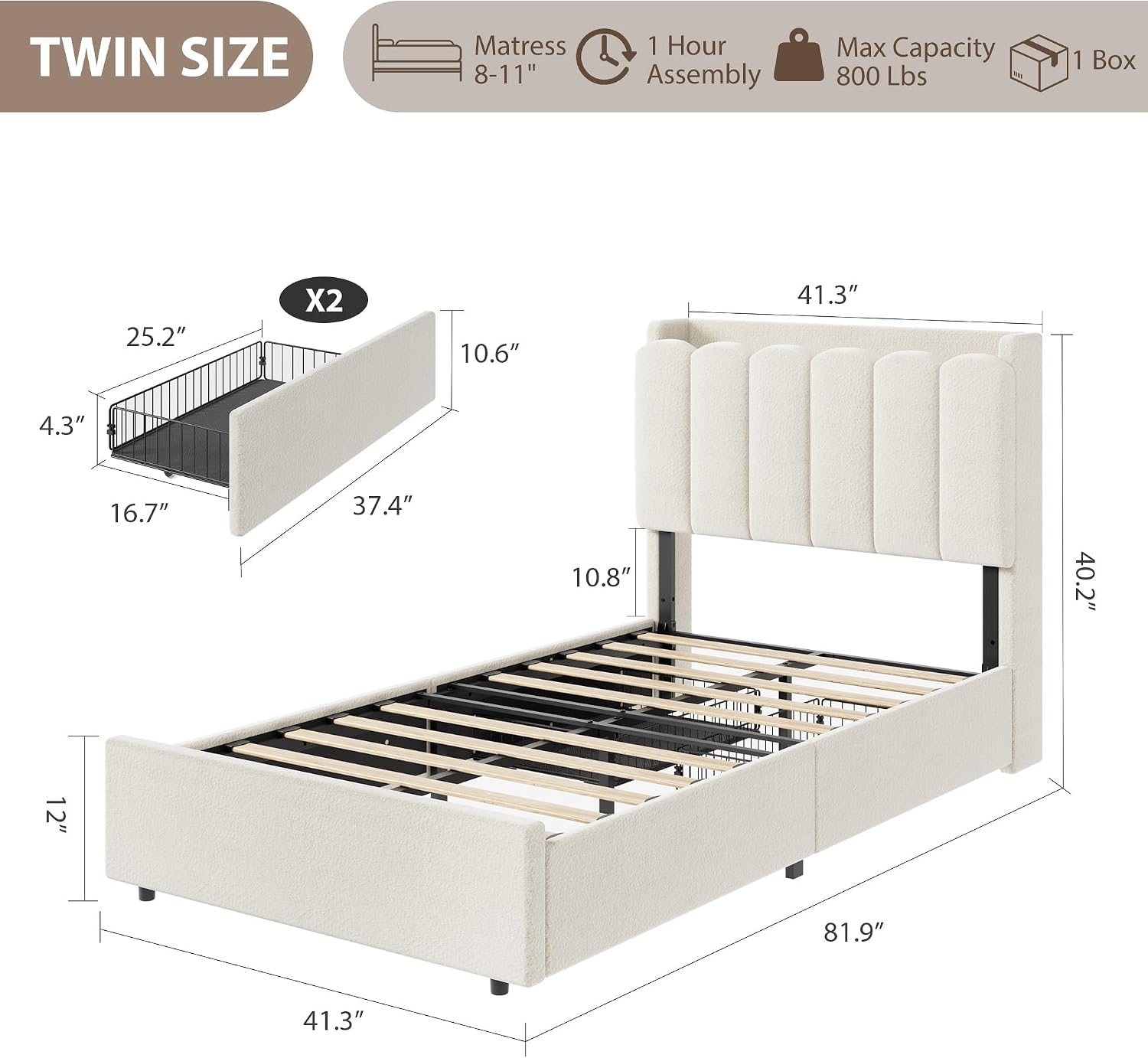 Garvee LED Twin Size Bed Frame with Storage Headboard, Kids Bed Frame with 2 Drawers, Boucle Upholstered Platform Bed for Girls, Chic Wavy Headboard with Bookcase, No Box Spring Needed, White
