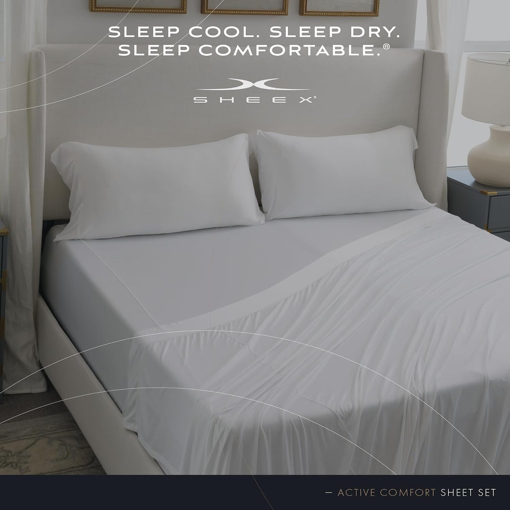 SHEEX - Active Comfort Cooling Sheets Set (Queen) Bright White - Moisture Wicking - 1 Flat Cooling Sheet, 1 Fitted Cooling Sheet, 2 Cooling Pillow Covers - Wrinkle Free - Sleep Aid