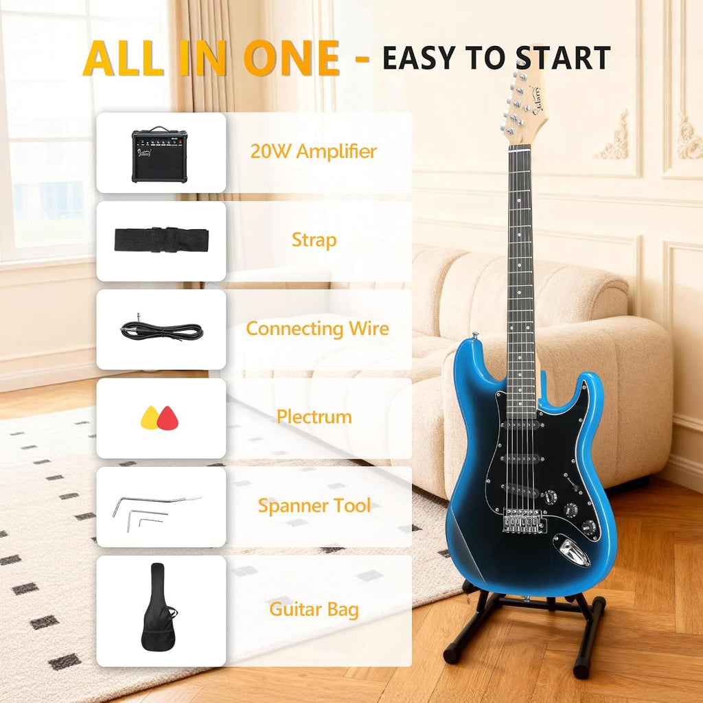 GLARRY Full Size Electric Guitar for Music Lover Beginner with 20W Amp and Accessories Pack Guitar Bag (BLACK & BLUE, 39' Right Handed)