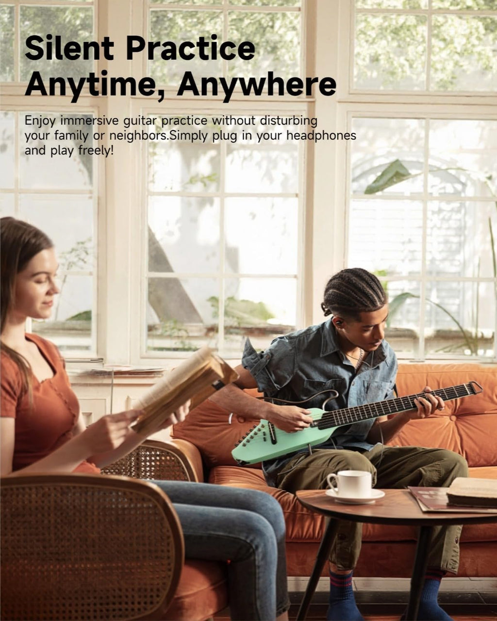 Donner HUSH-I Guitar For Travel, Portable Ultra-Light and Quiet Performance Headless Acoustic-Electric Guitar, Maple Body with Removable Frames, Gig Bag, and Accessories，Mint Green