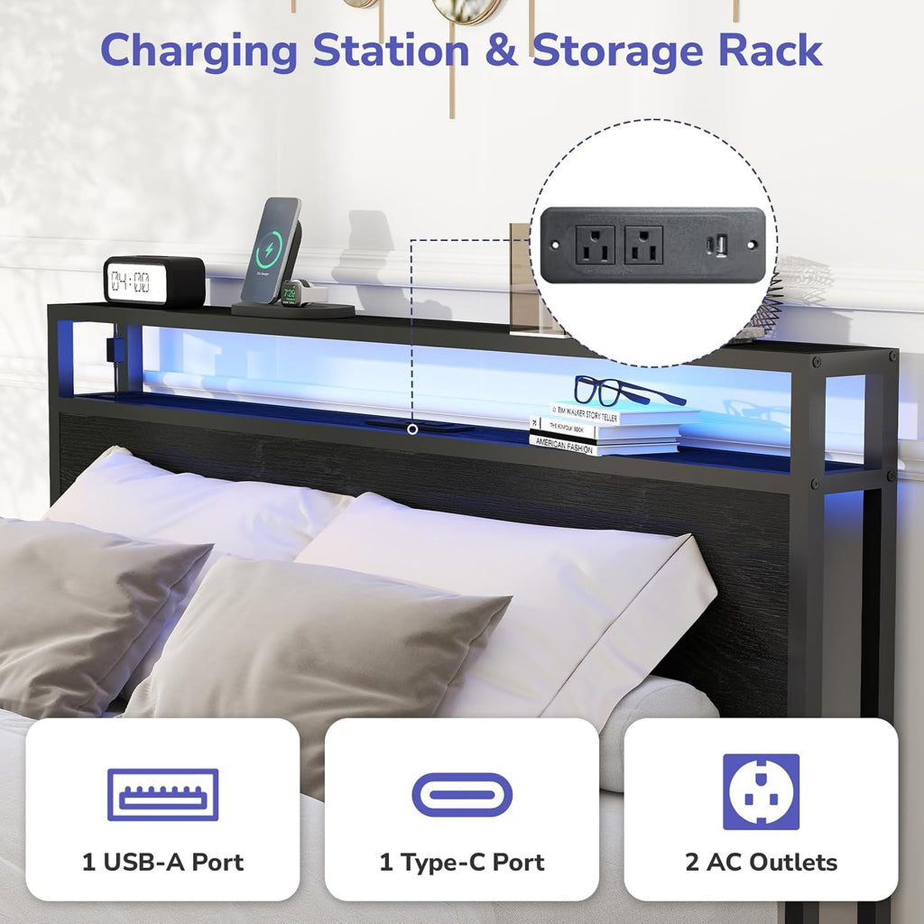 Zevemomo Full Size Bed Frame with 2 Storage Drawers, Bed Frame Full Size with Headboard, LED Light, Charging Station with 2 USB Ports & 2 AC Ports, No Noise, Black