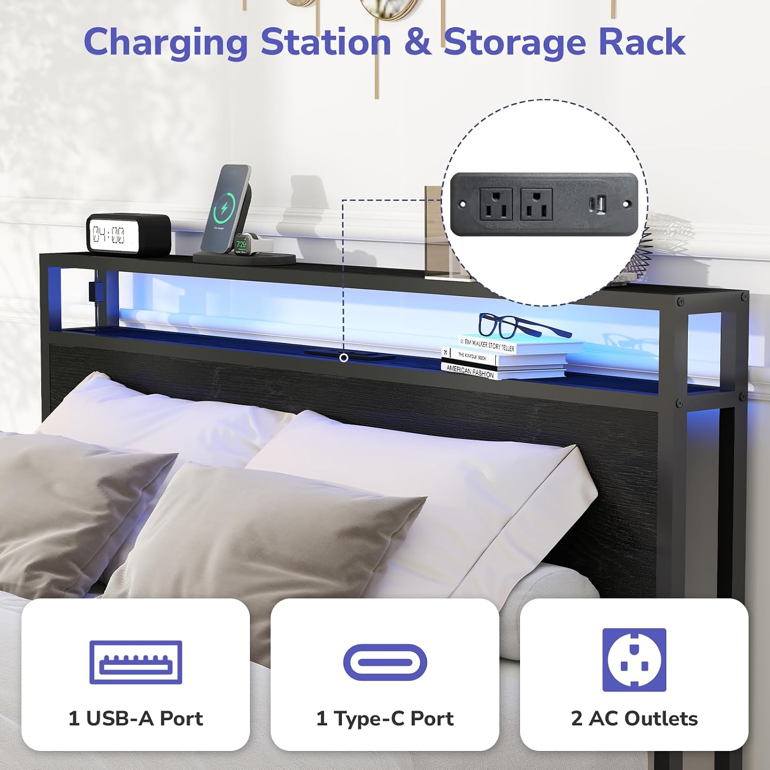 Zevemomo Full Size Bed Frame with 2 Storage Drawers, Bed Frame Full Size with Headboard, LED Light, Charging Station with 2 USB Ports & 2 AC Ports, No Noise, Black