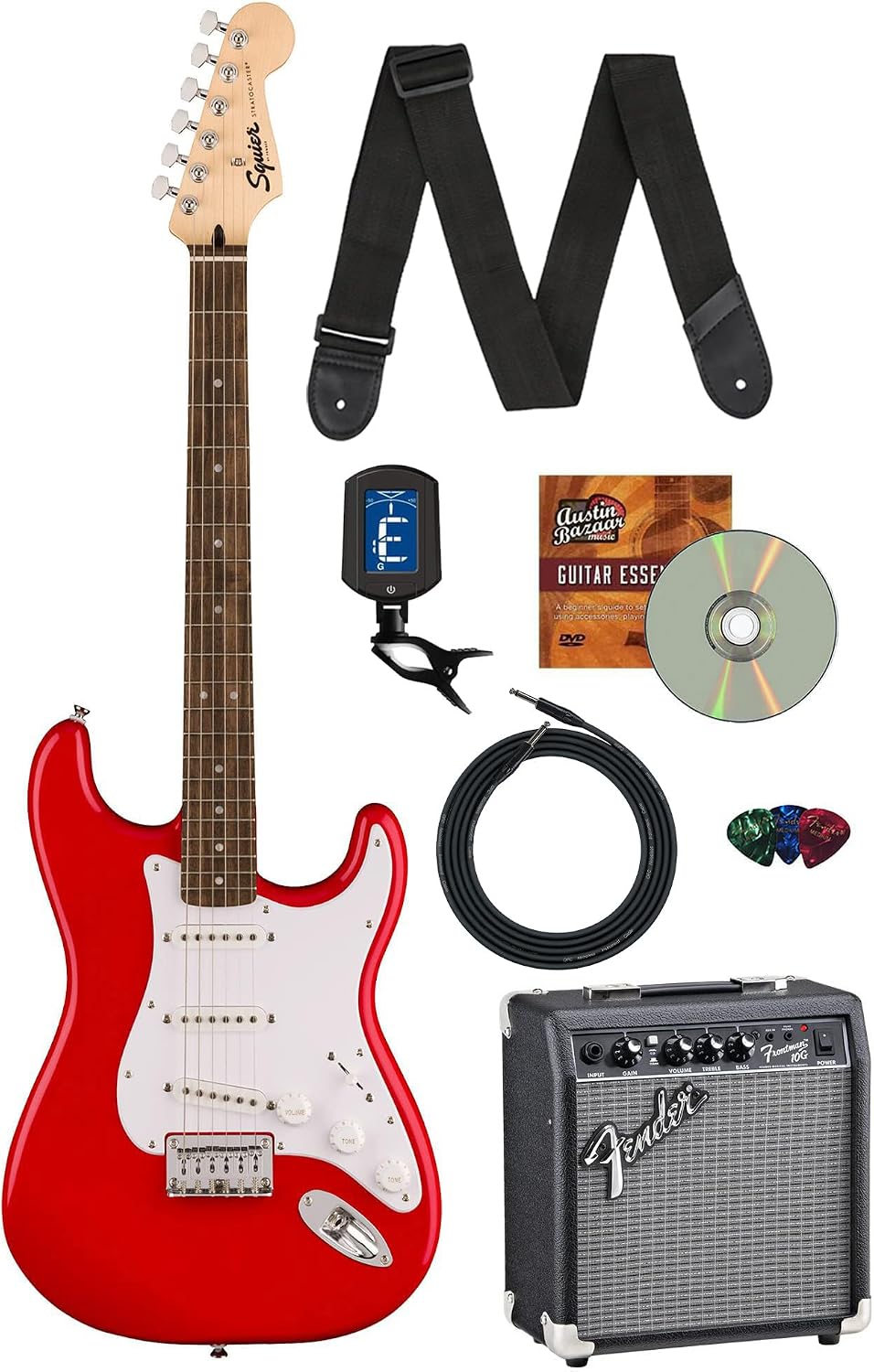 Fender Squier Sonic Stratocaster HT - Torino Red Bundle with Frontman 10G Amp, Tuner, Strap, Cable, Picks, and Austin Bazaar Guitar DVD