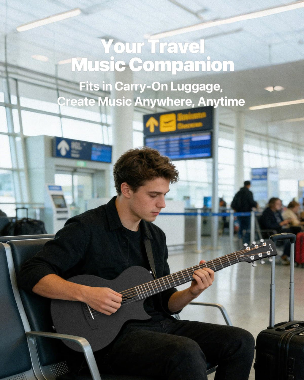 Enya Nova Go Carbon Fiber Travel Acoustic Guitar | 1/2 Size Lightweight Moisture-Proof Guitara | Adult & Beginner Portable Guitar with Gig Bag & Accessories (Black)